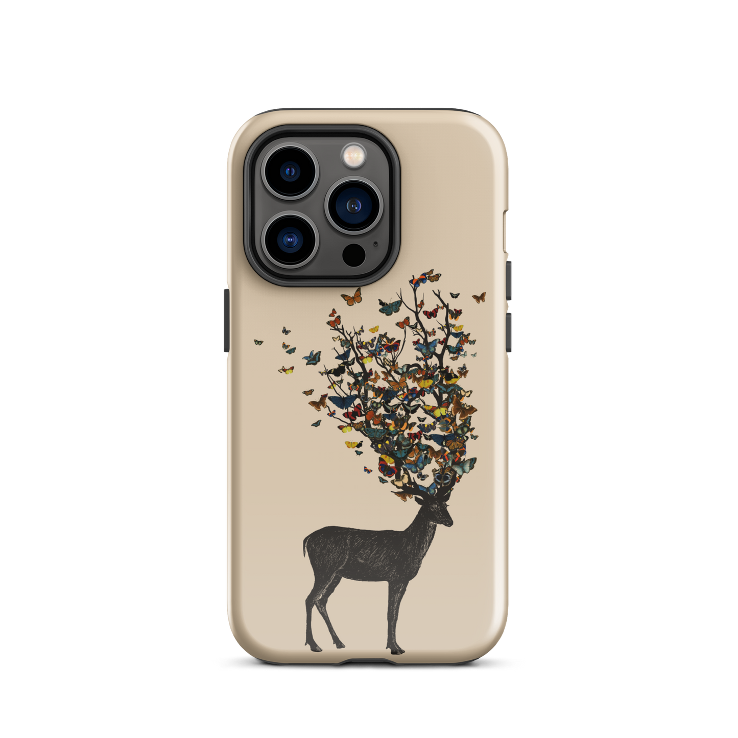 The image depicts a dark, silhouetted deer standing on a neutral background. Instead of branches, its antlers transform into a swirling cloud of vibrant, colorful butterflies that extend upwards and outward. The mix of organic and ethereal elements creates a captivating and whimsical visual contrast.