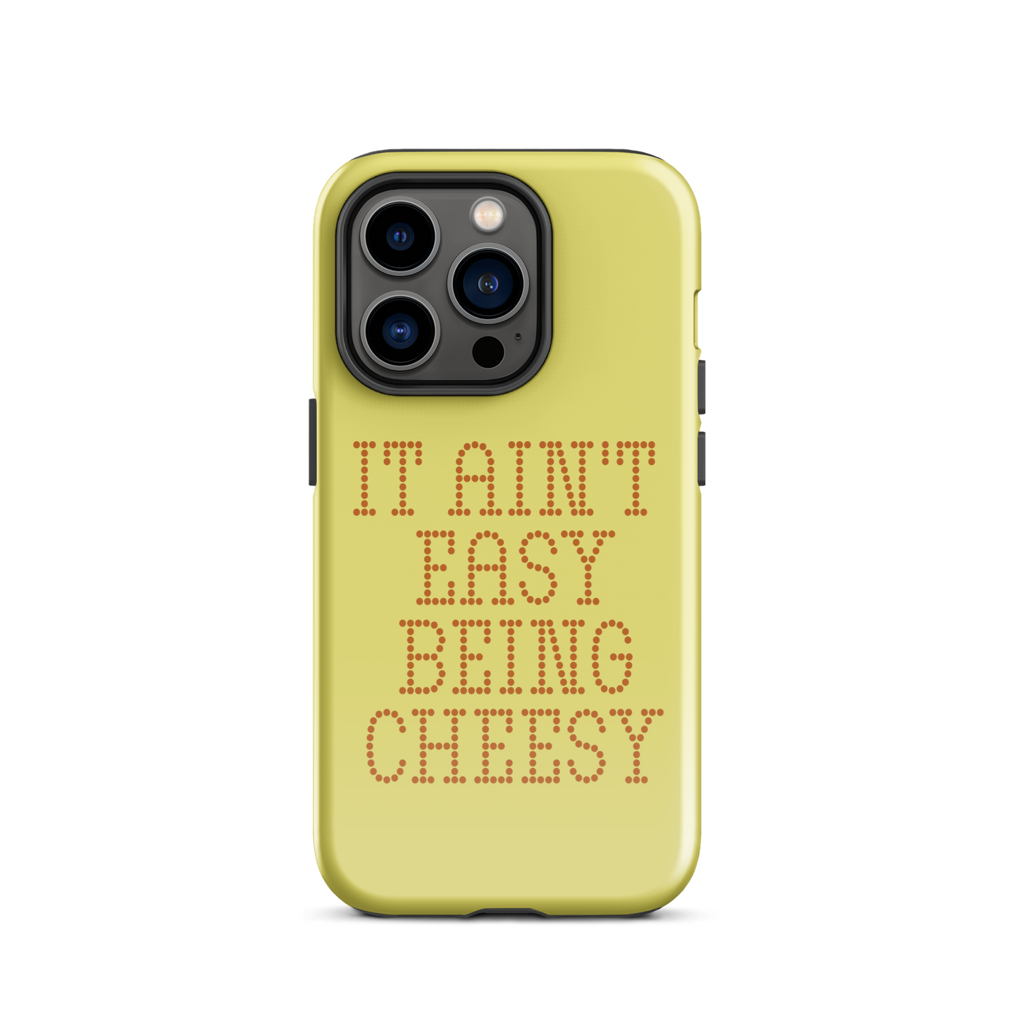 Bold dotted typography spells out ‘It Ain’t Easy Being Cheesy’ in a playful retro style on a yellow background. This funny design mixes wordplay with foodie humor, perfect for pun lovers, cheese fans, retro humor enthusiasts, and anyone who embraces the cringe with pride. A great quirky gift for cheese lovers and humor fans alike.