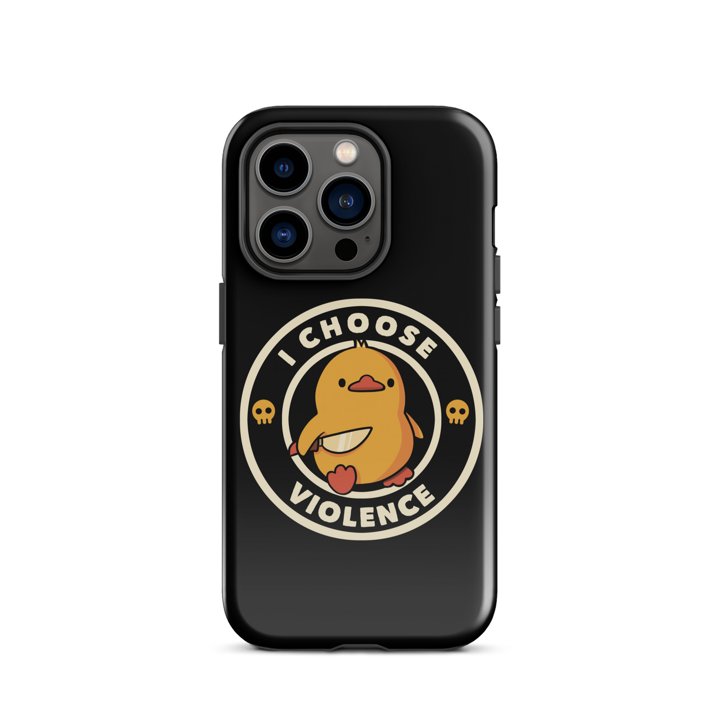 A cute, cartoon-style yellow duckling stands confidently holding a large knife in its wing. The duckling is encircled by text saying 'I CHOOSE VIOLENCE' in bold white letters. Small skull symbols flank the chick on either side, adding a touch of humor and irony to the otherwise adorable drawing.