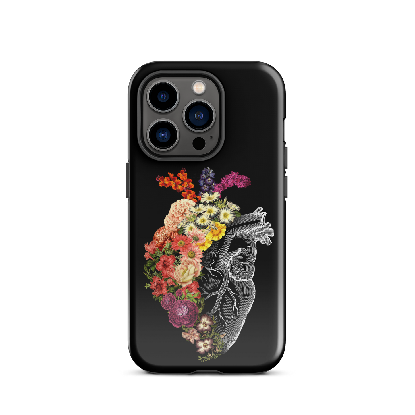 The design is an intricate and anatomical drawing of a human heart on a black background. The left side of the heart morphs into a vibrant assortment of colorful flowers, including roses, daisies, and other blooming blossoms, creating a striking contrast between the realistic and the surreal, symbolizing the harmony between nature and humanity.