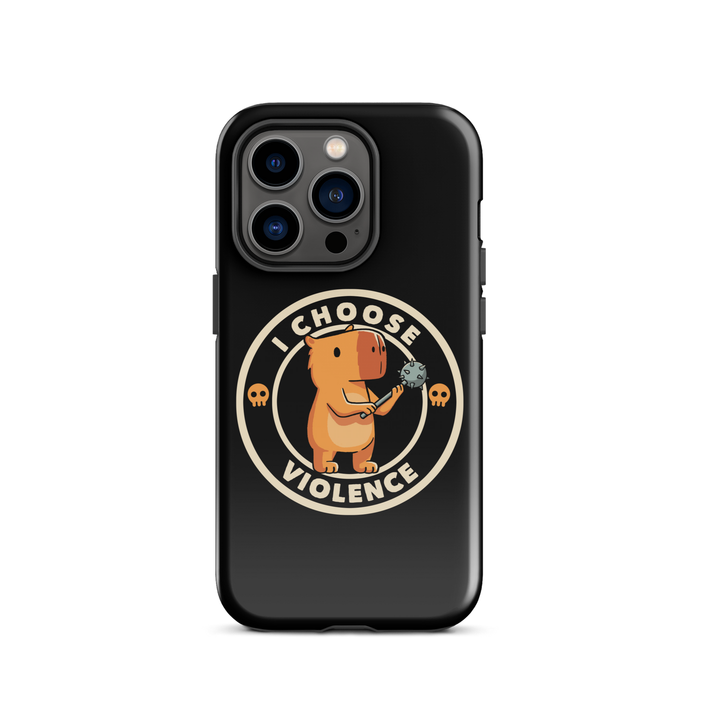 A cute, cartoonish burnt yellow capybara stands holding a spiked mace with a determined expression. Surrounding it is a circular design with the text 'I CHOOSE VIOLENCE' and two small skulls on either side, giving it a humorous yet ironic tone.