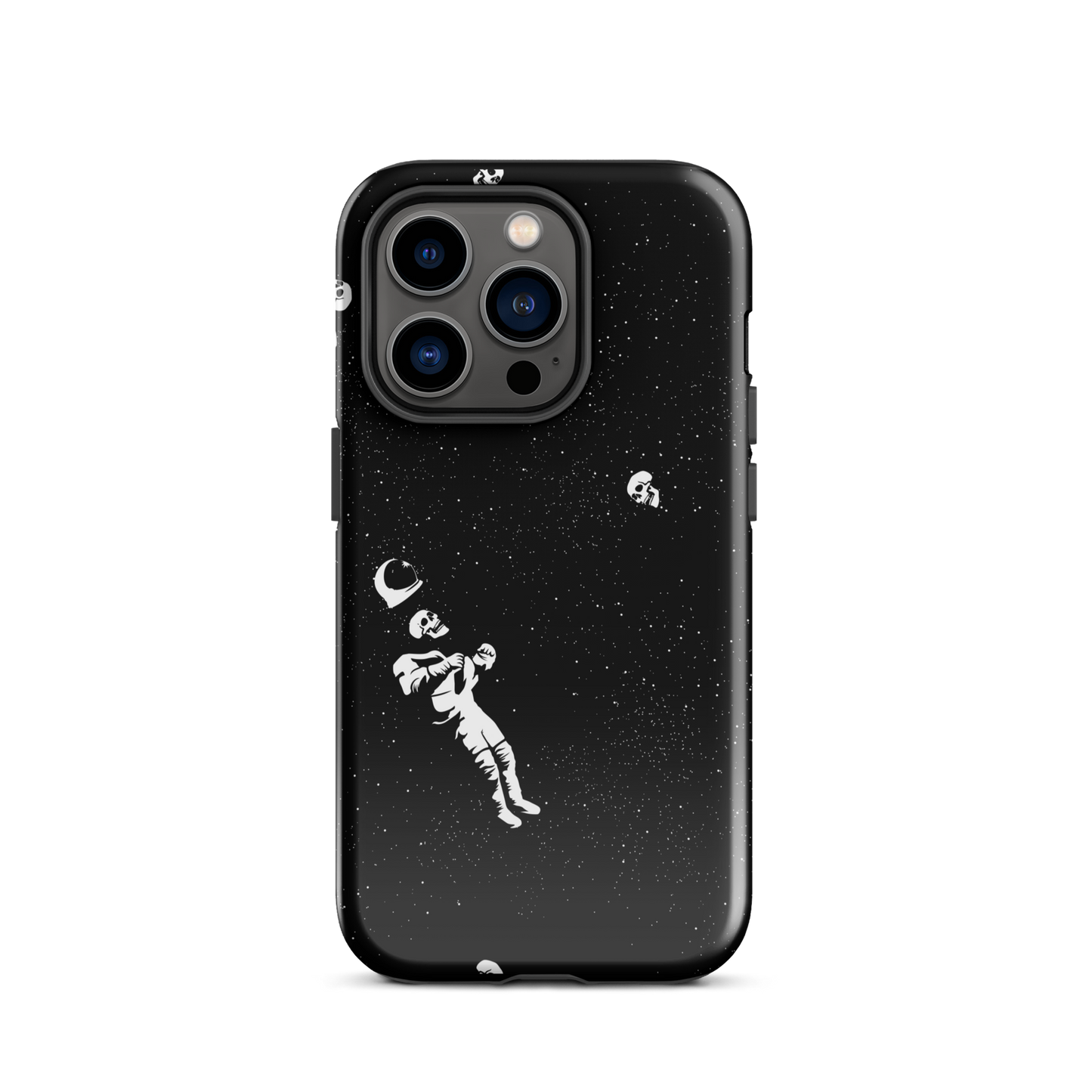 This image features a white astronaut figures floating in a dark, starry space background. The astronaut is surrounded by small celestial bodies and crescent moons, giving a sense of drifting through the cosmos. The design is intricate and has a whimsical, dreamy quality, with a vintage-inspired look, evoking a sense of exploration and wonder.