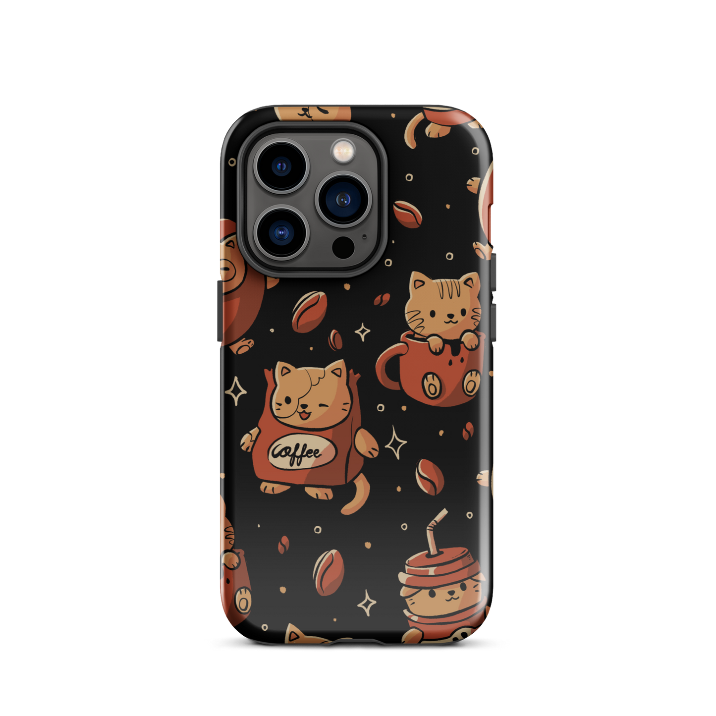 A pattern featuring several cute kittens appears in different coffee-themed versions: inside cups, as coffee beans, and on playful packaging. This artwork combines a love for cats and coffee in a charming and humorous composition. Perfect for cat lovers, coffee lovers, baristas, and anyone who enjoys cute and cozy designs.