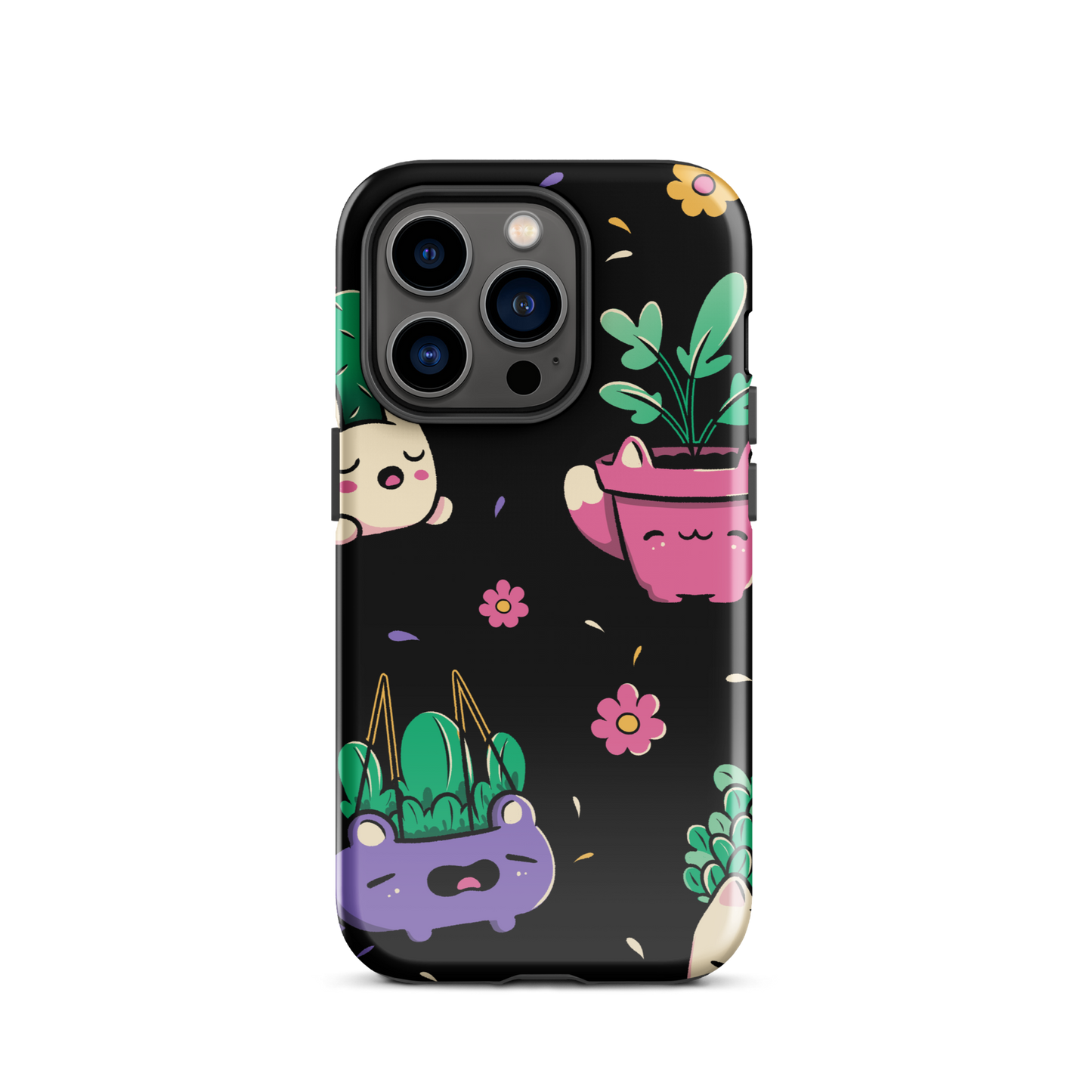 An endearing pattern featuring petite potted plants creatively shaped like adorable animals, arranged in a charming repeating composition. This enchanting design is perfect for plant enthusiasts who adore greenery and love surrounding themselves with whimsical, nature-inspired details.
