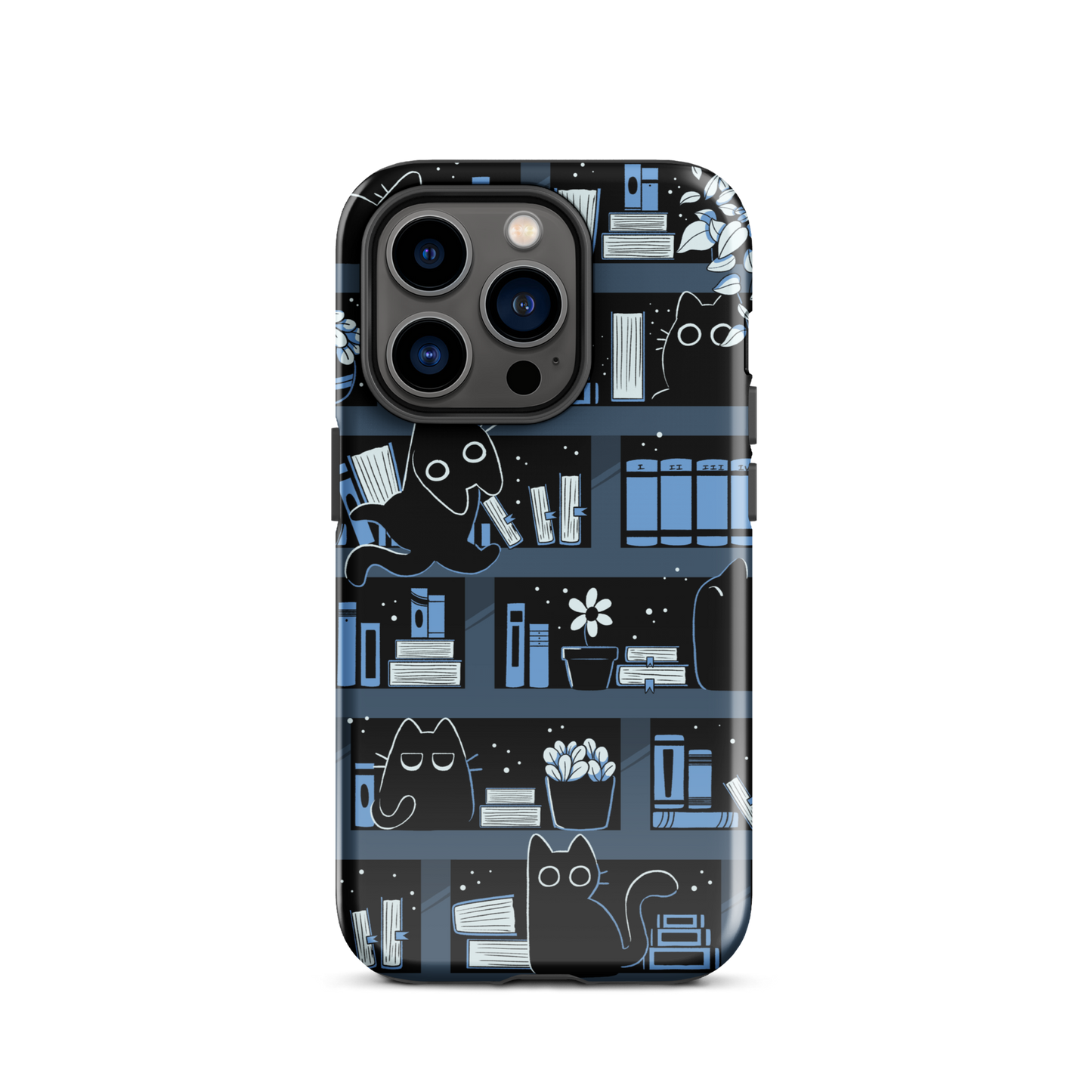 A pattern designed to resemble one large bookshelf filled with books, plants and playful little black kittens tucked between the shelves. An artwork in shades of black and blue, perfect for those who love cats, books and plants.