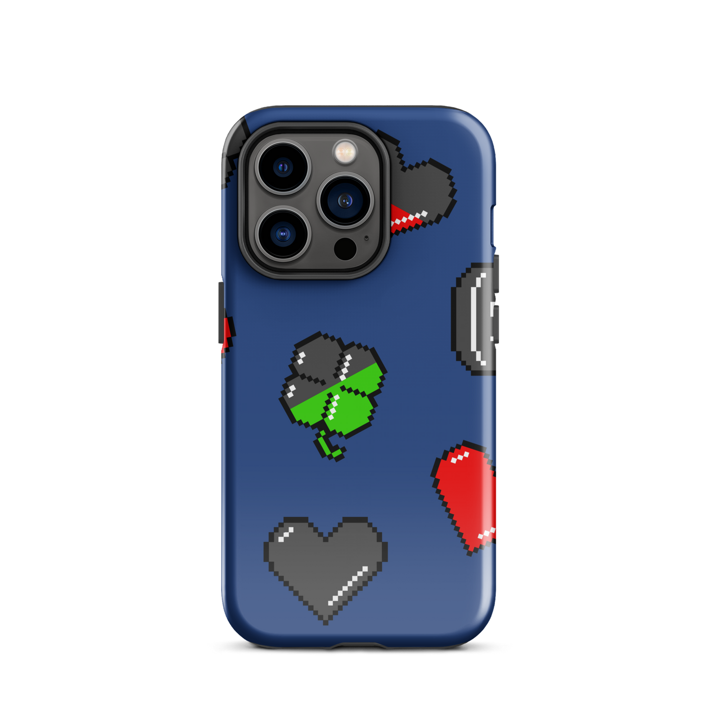A repeating pattern made of 8-bit video game icons like hearts, four-leaf clovers, and coins. A nostalgic pixel art design inspired by classic games and retro digital culture.