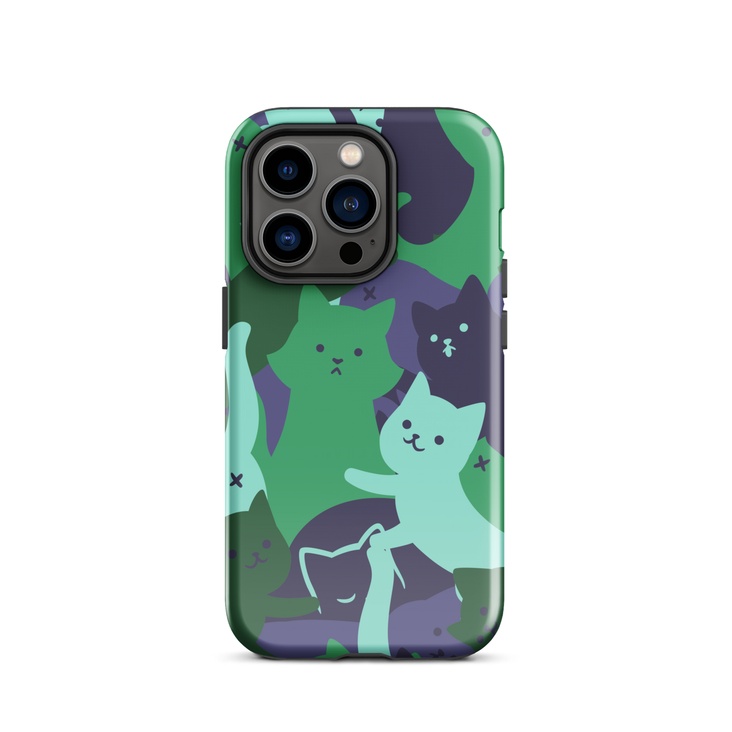 A playful pattern featuring multiple kittens in shades of green and blue, arranged to create a soft camouflage effect. This design blends cute cats with a modern pattern aesthetic, perfect for fans of fun, stylish, and whimsical art.