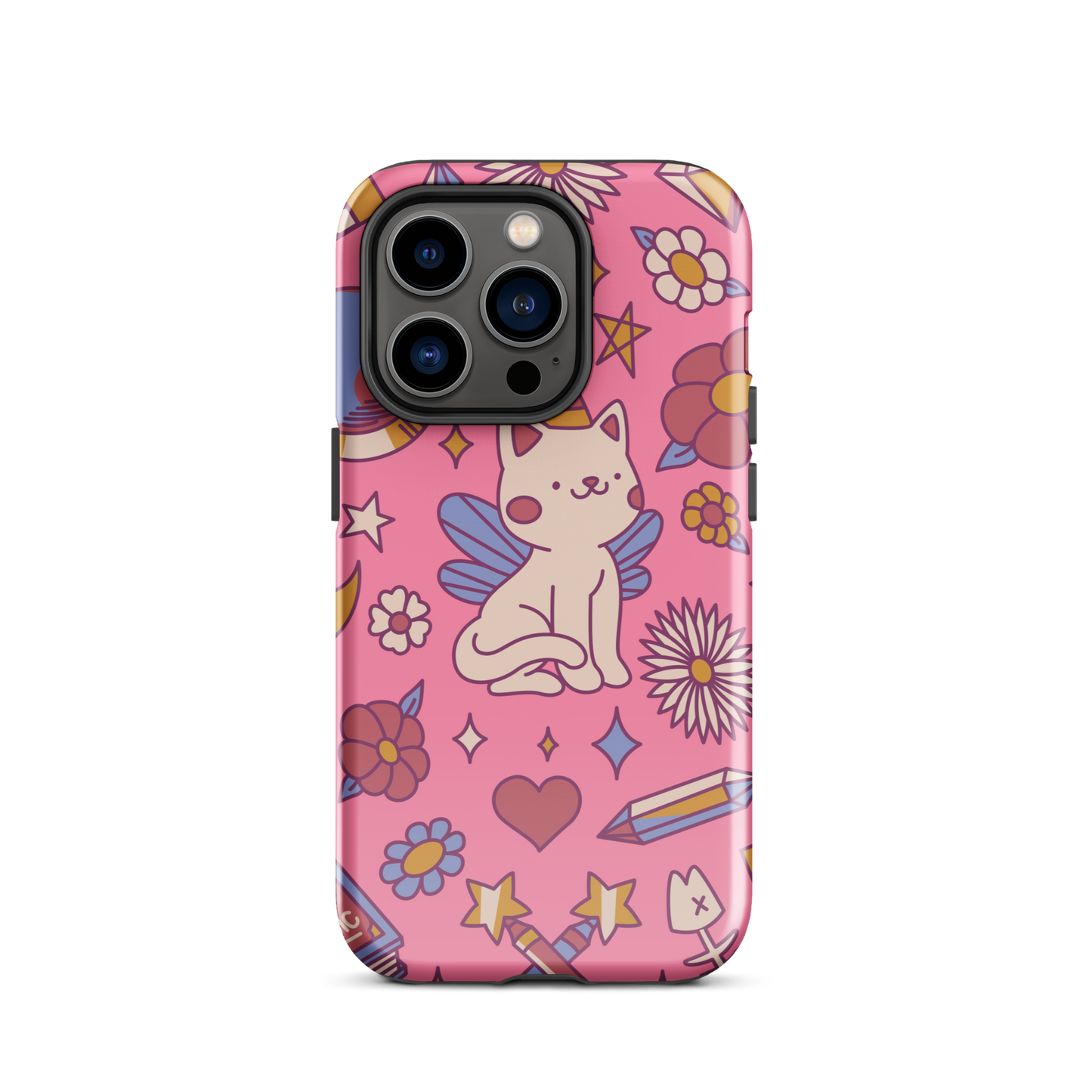 A seamless pattern featuring a magical winged kitten surrounded by crystals, flowers, tarot cards, mushrooms and other mystical elements in soft pastel tones. A playful and whimsical design with a cute, magical vibe.