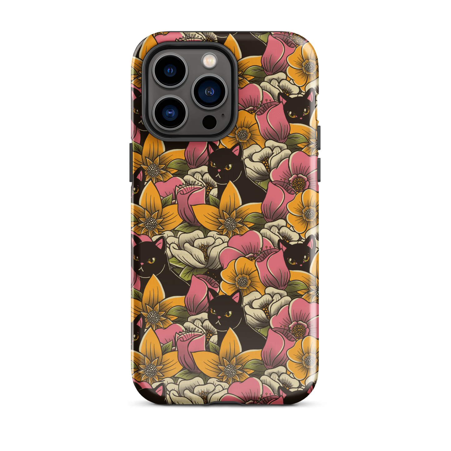The image features a repeating pattern of colorful flowers in pink, yellow, and cream hues with lush green foliage. Interspersed among the flowers are playful black cats with bright eyes. The design has a whimsical and vibrant feel, ideal for various products like t-shirts, stickers, coffee cups, and skateboards. The style is reminiscent of traditional floral art blended with playful elements of animal decor.