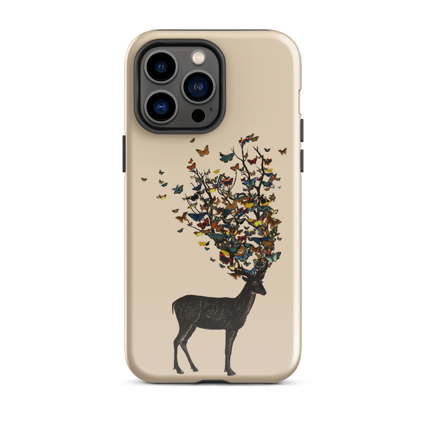The image depicts a dark, silhouetted deer standing on a neutral background. Instead of branches, its antlers transform into a swirling cloud of vibrant, colorful butterflies that extend upwards and outward. The mix of organic and ethereal elements creates a captivating and whimsical visual contrast.