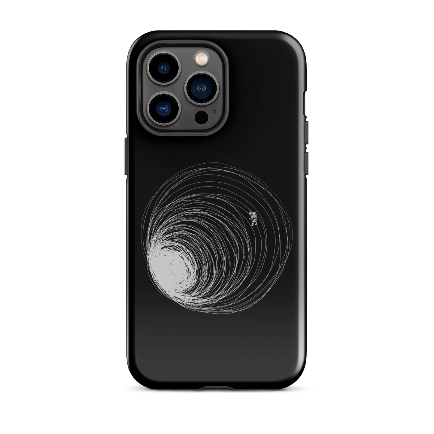 A big black hole with an astronaut floating around as if being sucked into it. A minimalist art perfect for those who love space.