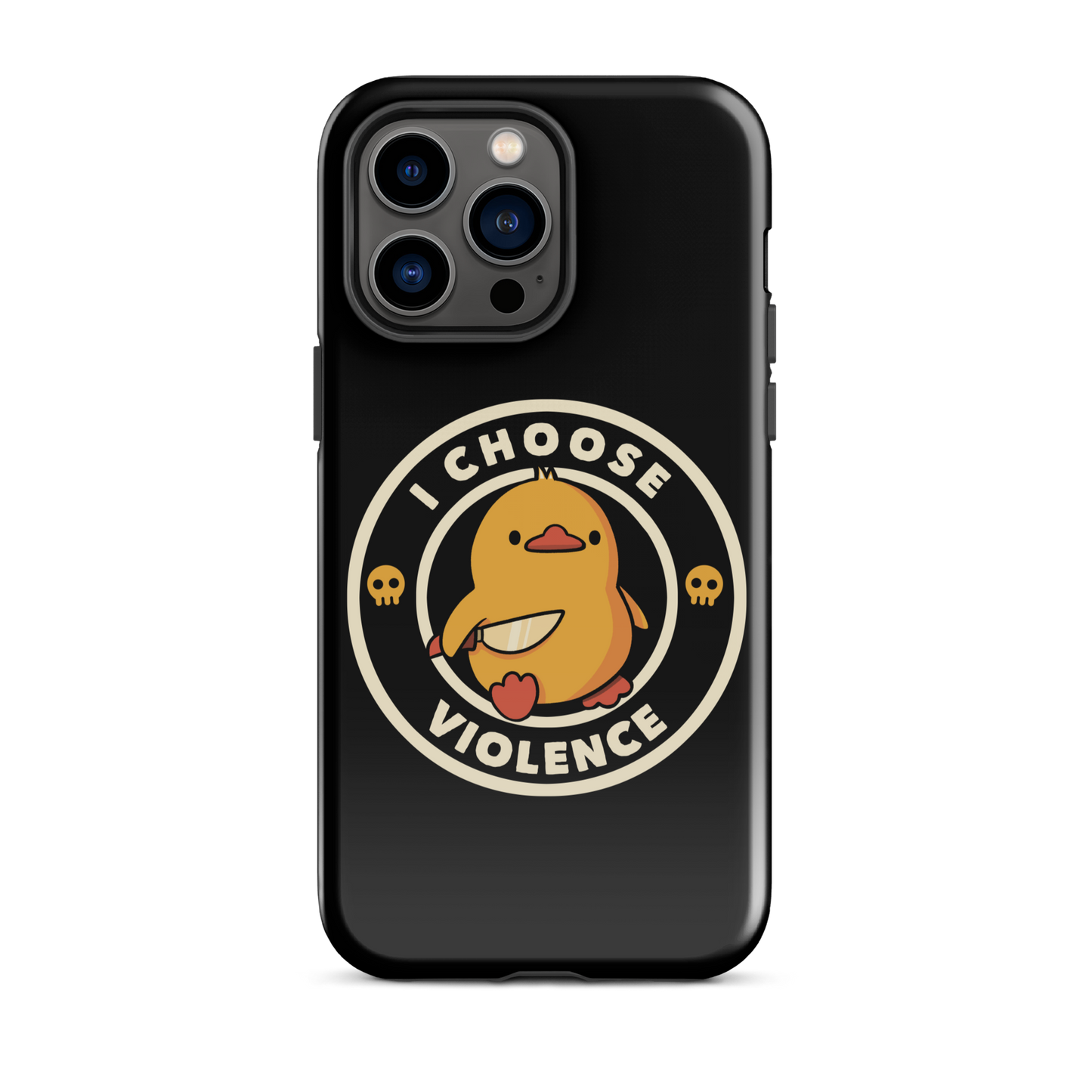 A cute, cartoon-style yellow duckling stands confidently holding a large knife in its wing. The duckling is encircled by text saying 'I CHOOSE VIOLENCE' in bold white letters. Small skull symbols flank the chick on either side, adding a touch of humor and irony to the otherwise adorable drawing.