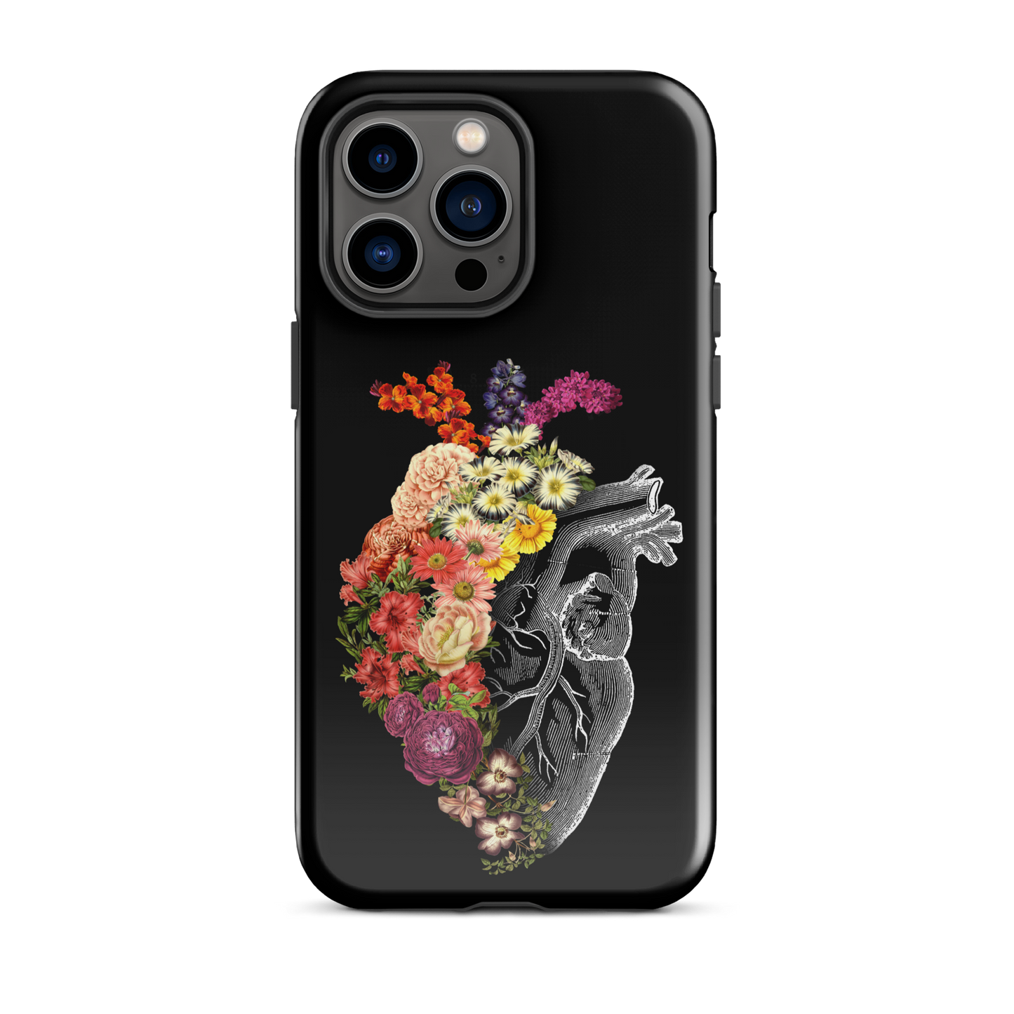 The design is an intricate and anatomical drawing of a human heart on a black background. The left side of the heart morphs into a vibrant assortment of colorful flowers, including roses, daisies, and other blooming blossoms, creating a striking contrast between the realistic and the surreal, symbolizing the harmony between nature and humanity.