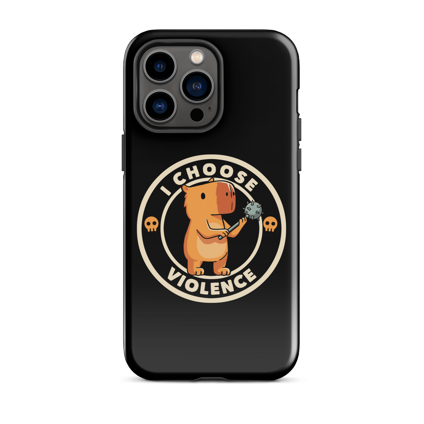 A cute, cartoonish burnt yellow capybara stands holding a spiked mace with a determined expression. Surrounding it is a circular design with the text 'I CHOOSE VIOLENCE' and two small skulls on either side, giving it a humorous yet ironic tone.