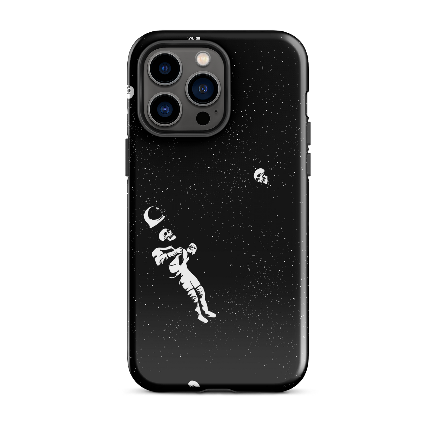 This image features a white astronaut figures floating in a dark, starry space background. The astronaut is surrounded by small celestial bodies and crescent moons, giving a sense of drifting through the cosmos. The design is intricate and has a whimsical, dreamy quality, with a vintage-inspired look, evoking a sense of exploration and wonder.