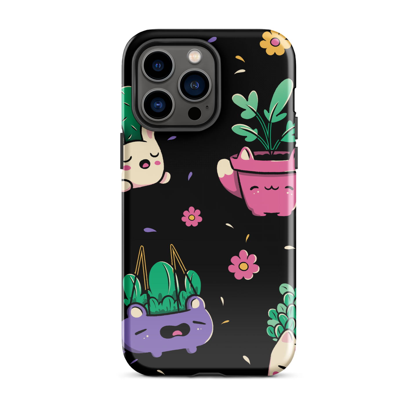 An endearing pattern featuring petite potted plants creatively shaped like adorable animals, arranged in a charming repeating composition. This enchanting design is perfect for plant enthusiasts who adore greenery and love surrounding themselves with whimsical, nature-inspired details.