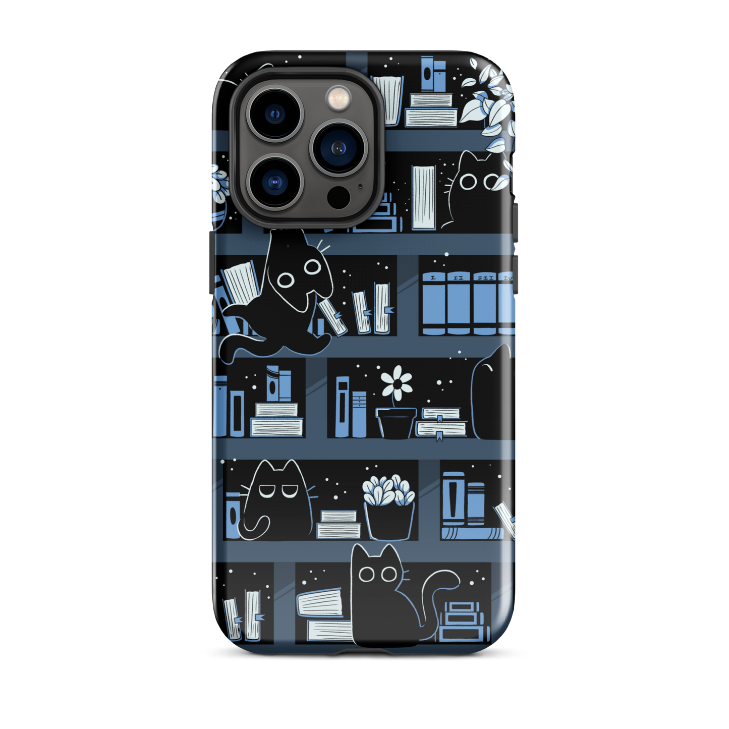 A pattern designed to resemble one large bookshelf filled with books, plants and playful little black kittens tucked between the shelves. An artwork in shades of black and blue, perfect for those who love cats, books and plants.