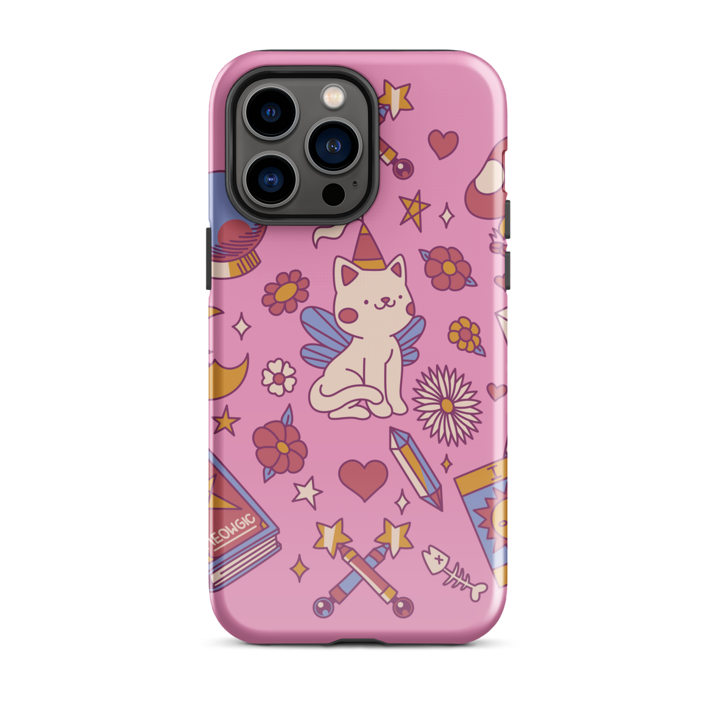 The artwork depicts a magical kitten with wings and a little hat, surrounded by crystals, flowers, tarot cards, mushrooms, and mystical elements in pastel shades. The design blends cute fantasy with colorful witchy aesthetics, creating an enchanting, lighthearted composition full of fun details. Perfect for lovers of cute mysticism, tarot, magical cats, and anyone who enjoys colorful prints with a magical vibe.