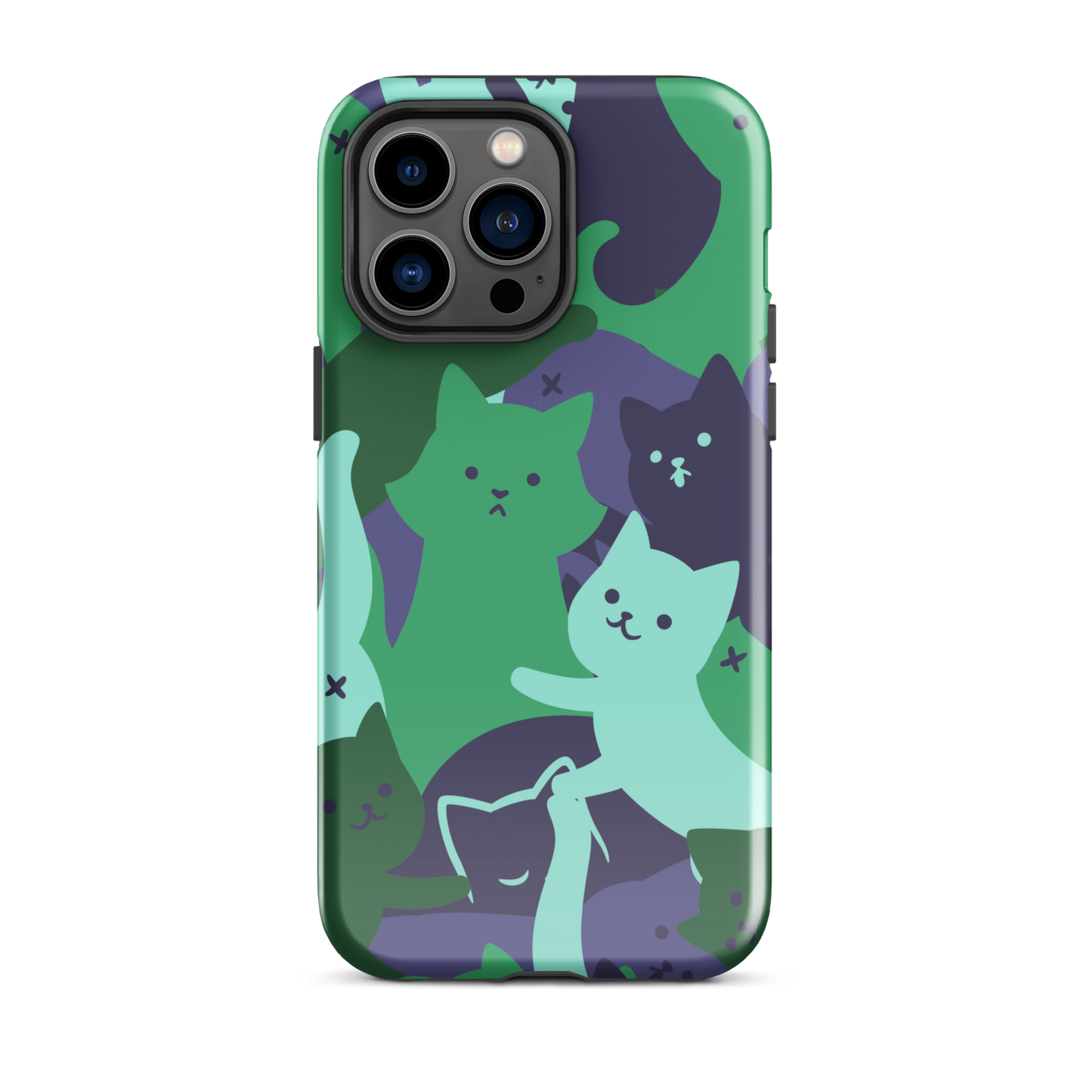 A playful pattern featuring multiple kittens in shades of green and blue, arranged to create a soft camouflage effect. This design blends cute cats with a modern pattern aesthetic, perfect for fans of fun, stylish, and whimsical art.