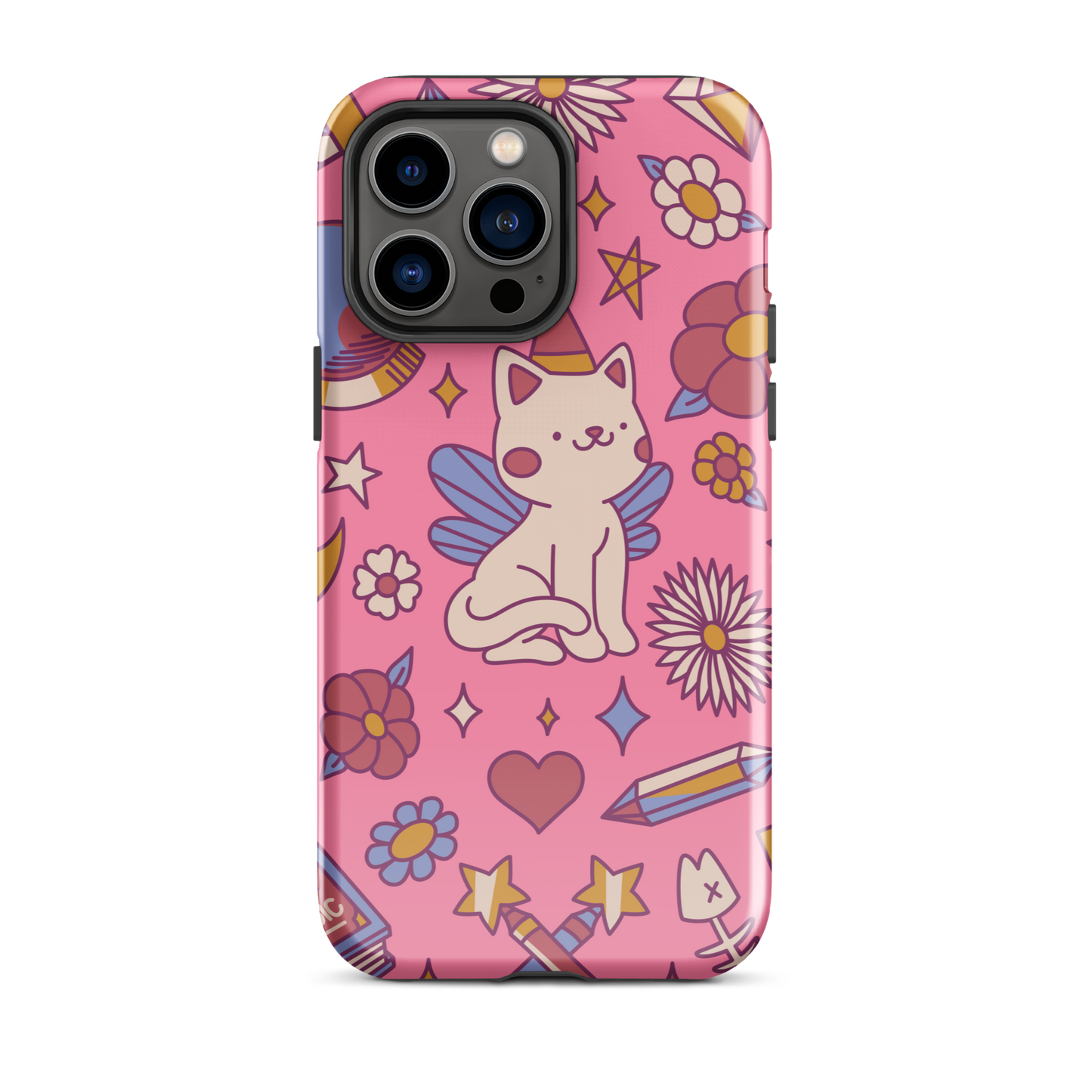 A seamless pattern featuring a magical winged kitten surrounded by crystals, flowers, tarot cards, mushrooms and other mystical elements in soft pastel tones. A playful and whimsical design with a cute, magical vibe.