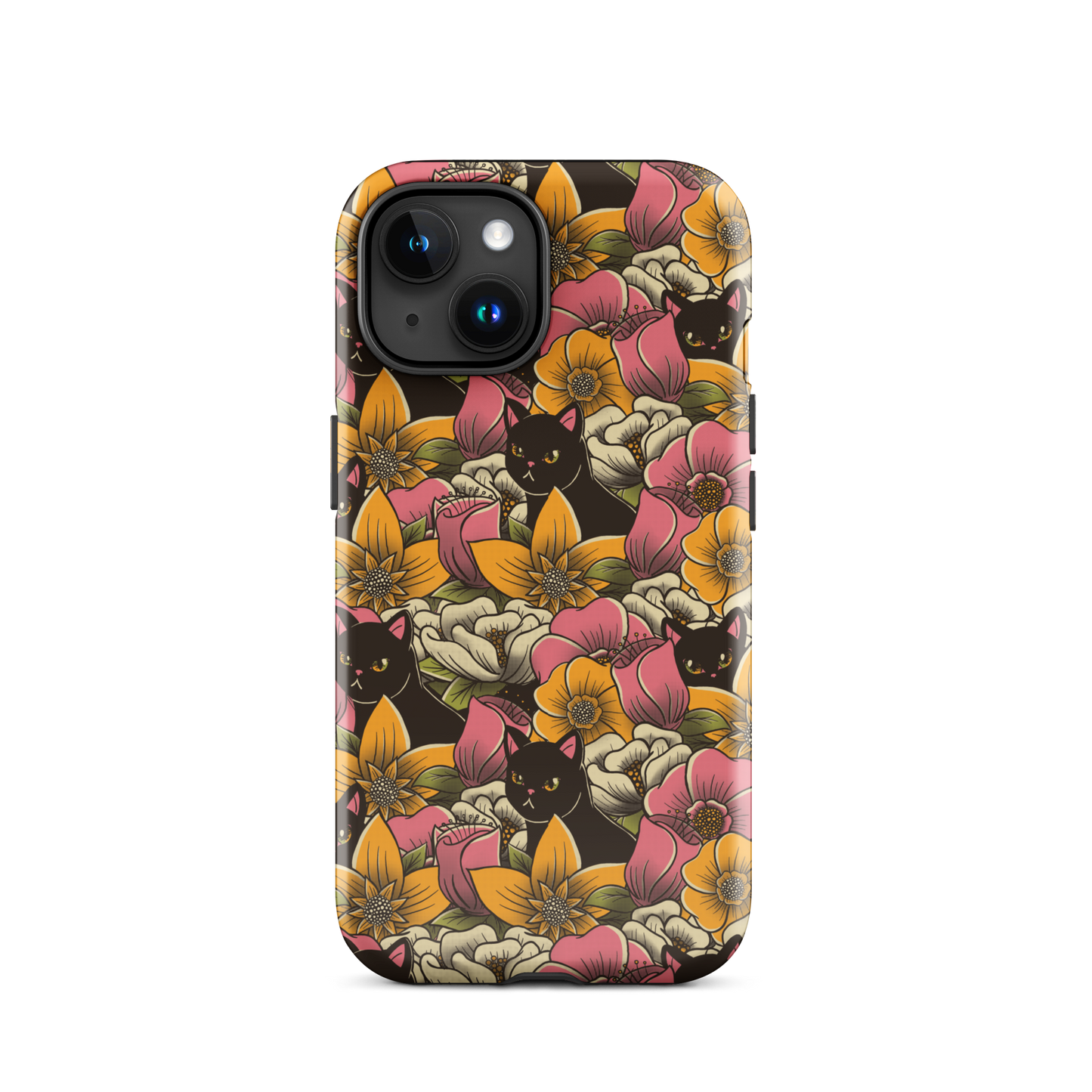 The image features a repeating pattern of colorful flowers in pink, yellow, and cream hues with lush green foliage. Interspersed among the flowers are playful black cats with bright eyes. The design has a whimsical and vibrant feel, ideal for various products like t-shirts, stickers, coffee cups, and skateboards. The style is reminiscent of traditional floral art blended with playful elements of animal decor.
