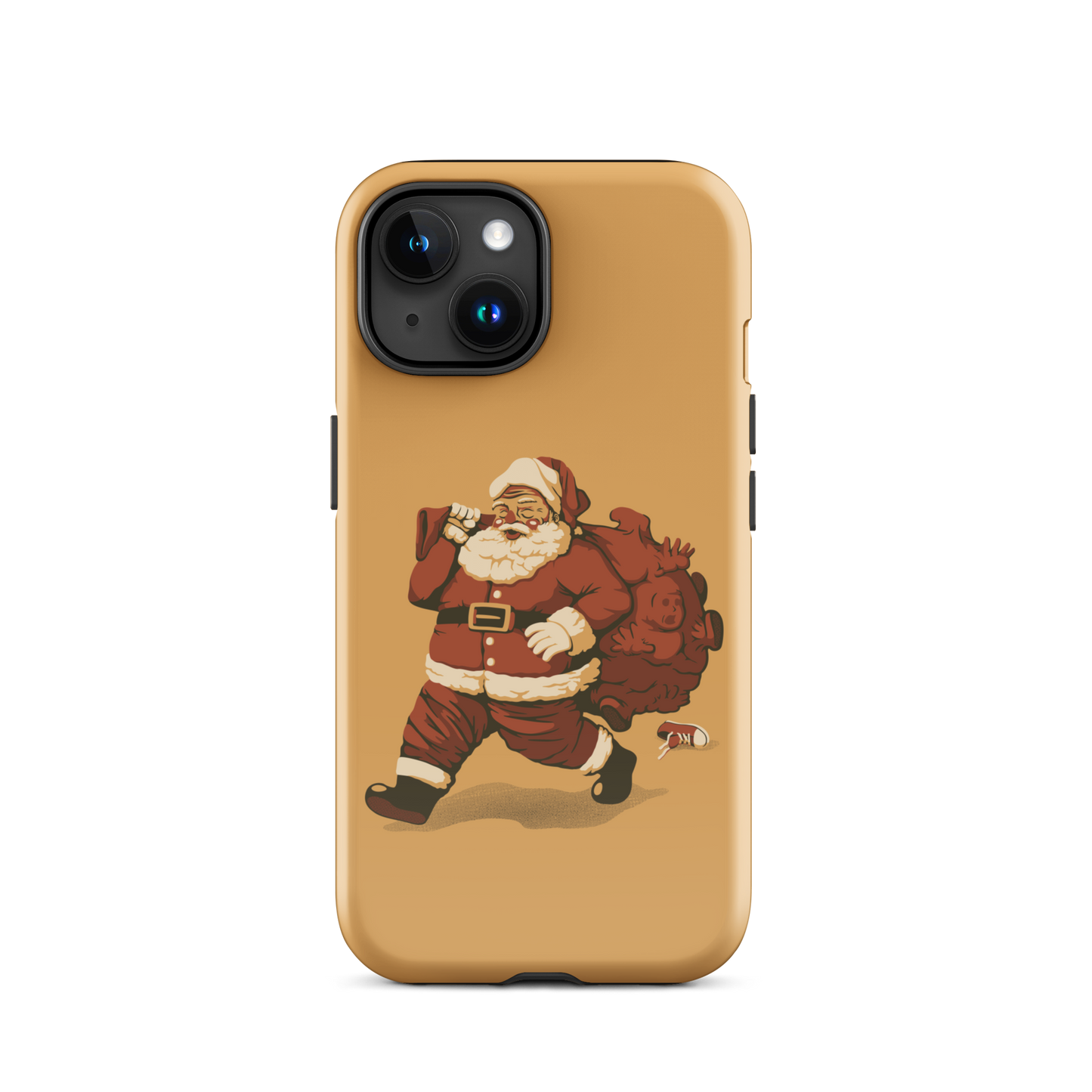 A cute Santa Claus carrying a red bag full of what appear to be gifts, but when you look closer you can see that there are several little boys. A fun art that mixes up the story that the good boys are going to get charcoal from Santa, but this time Santa is taking them.