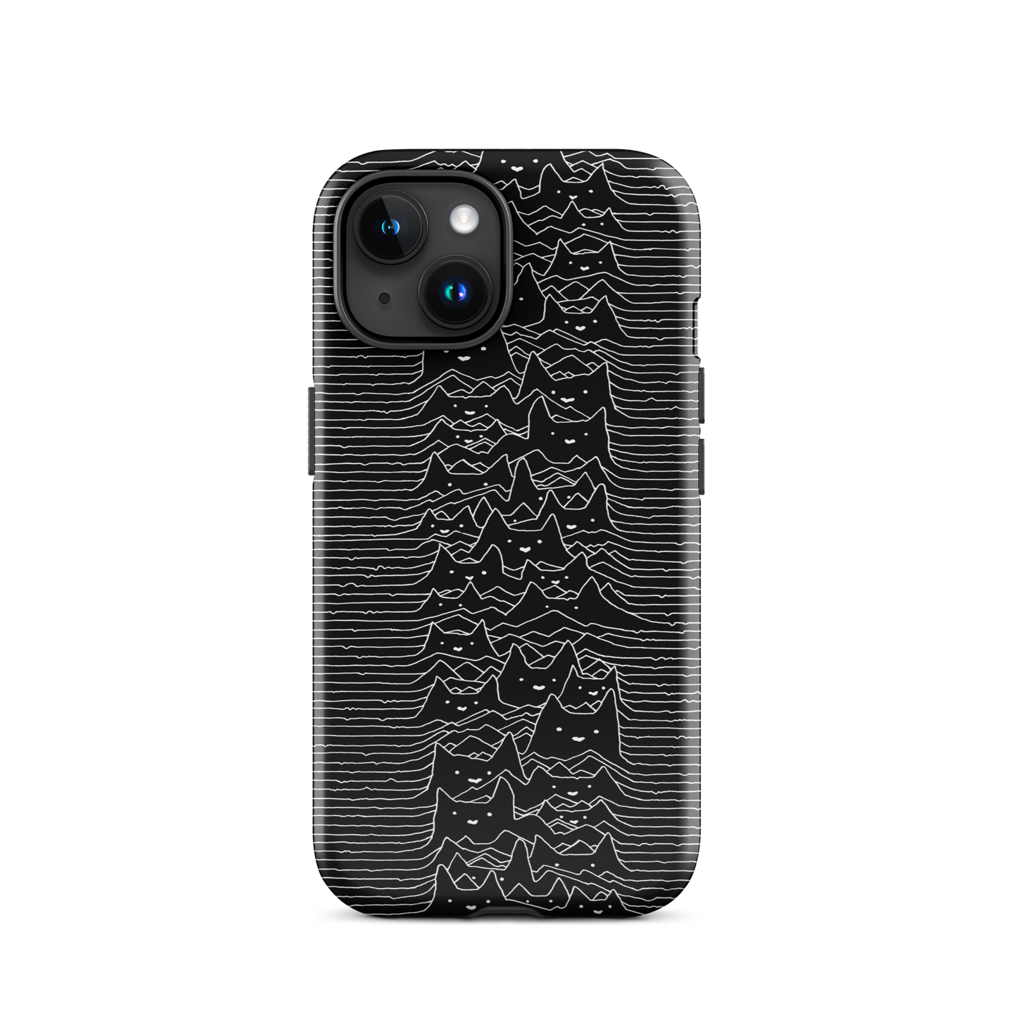 The drawing is a series of continuous wavy lines forming a pattern reminiscent of sound waves or topographic maps, but with an unexpected twist: the lines create the shapes of numerous cat faces stacked vertically. Each cat has simple, expressive features with pointed ears, adding a whimsical element to the otherwise structured pattern.