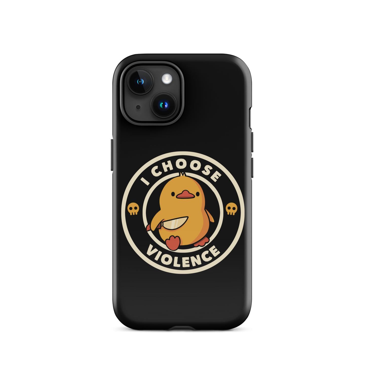 A cute, cartoon-style yellow duckling stands confidently holding a large knife in its wing. The duckling is encircled by text saying 'I CHOOSE VIOLENCE' in bold white letters. Small skull symbols flank the chick on either side, adding a touch of humor and irony to the otherwise adorable drawing.