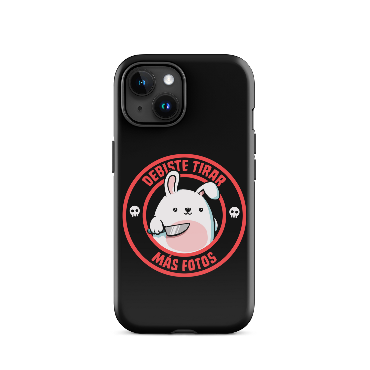 A cute white cartoon bunny with a pink belly stands holding a large kitchen knife in one paw. Surrounding the bunny is a red circular border with the words 'DEBISTE TIRAR MÁS FOTOS'. Small skull icons are on either side of the circle. The overall tone is a mix of adorable and ironic humor.