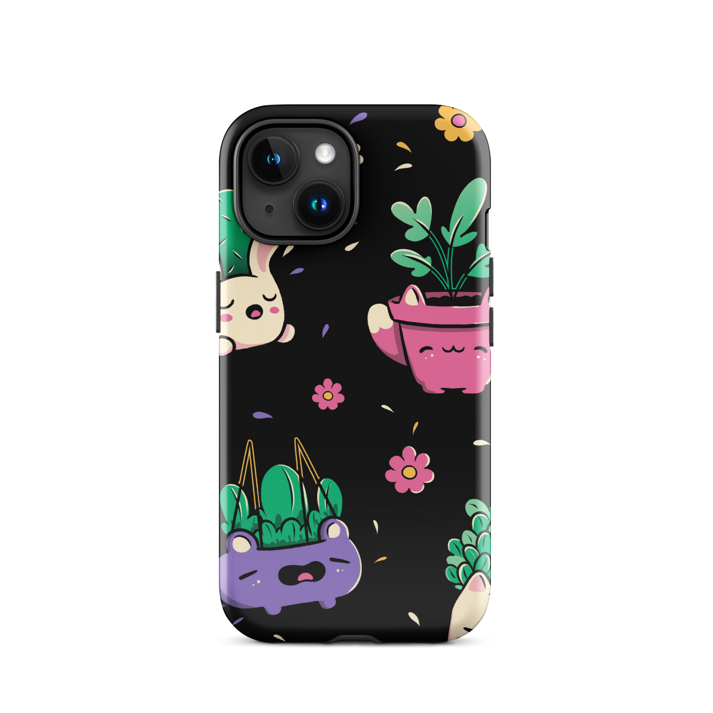 An endearing pattern featuring petite potted plants creatively shaped like adorable animals, arranged in a charming repeating composition. This enchanting design is perfect for plant enthusiasts who adore greenery and love surrounding themselves with whimsical, nature-inspired details.