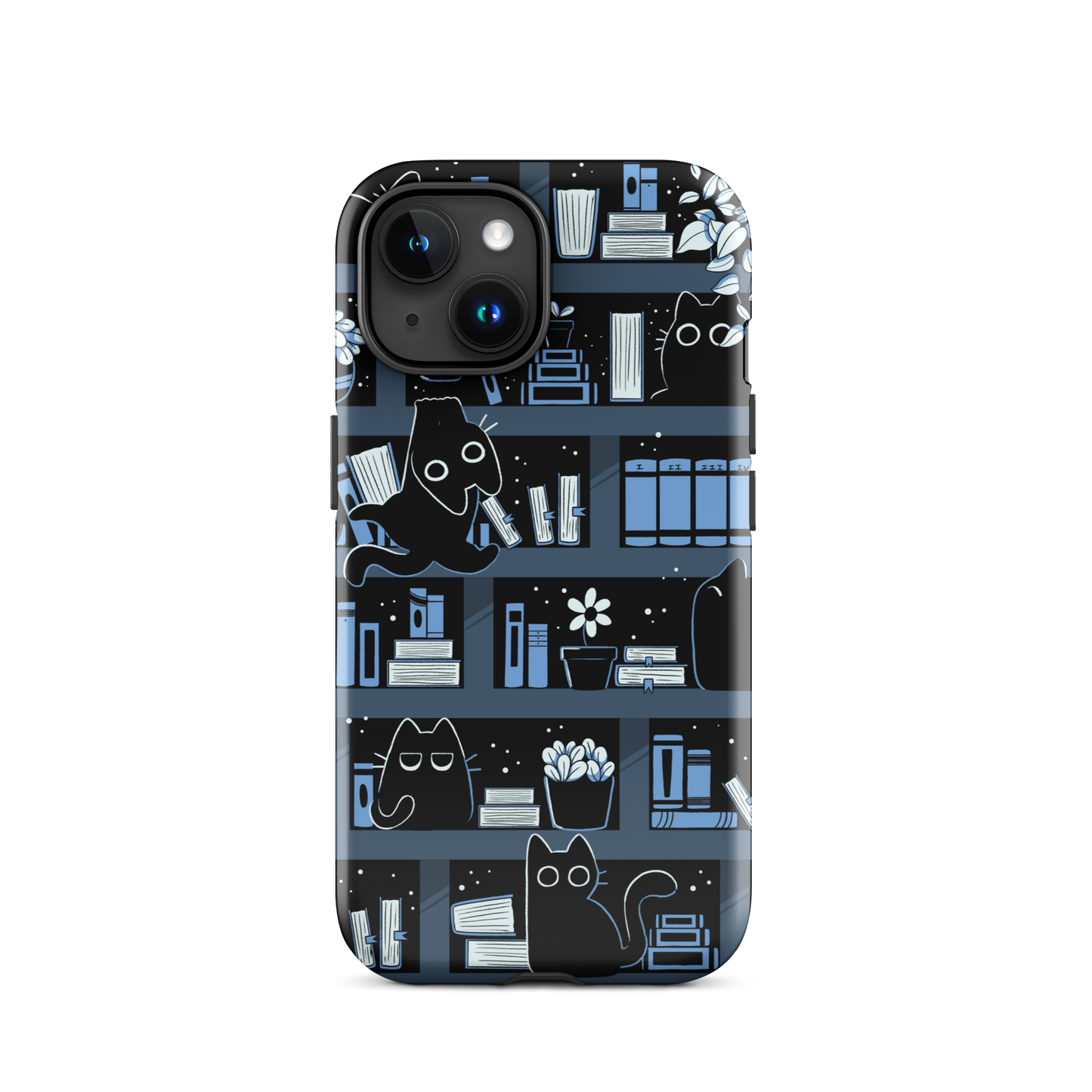 A pattern designed to resemble one large bookshelf filled with books, plants and playful little black kittens tucked between the shelves. An artwork in shades of black and blue, perfect for those who love cats, books and plants.