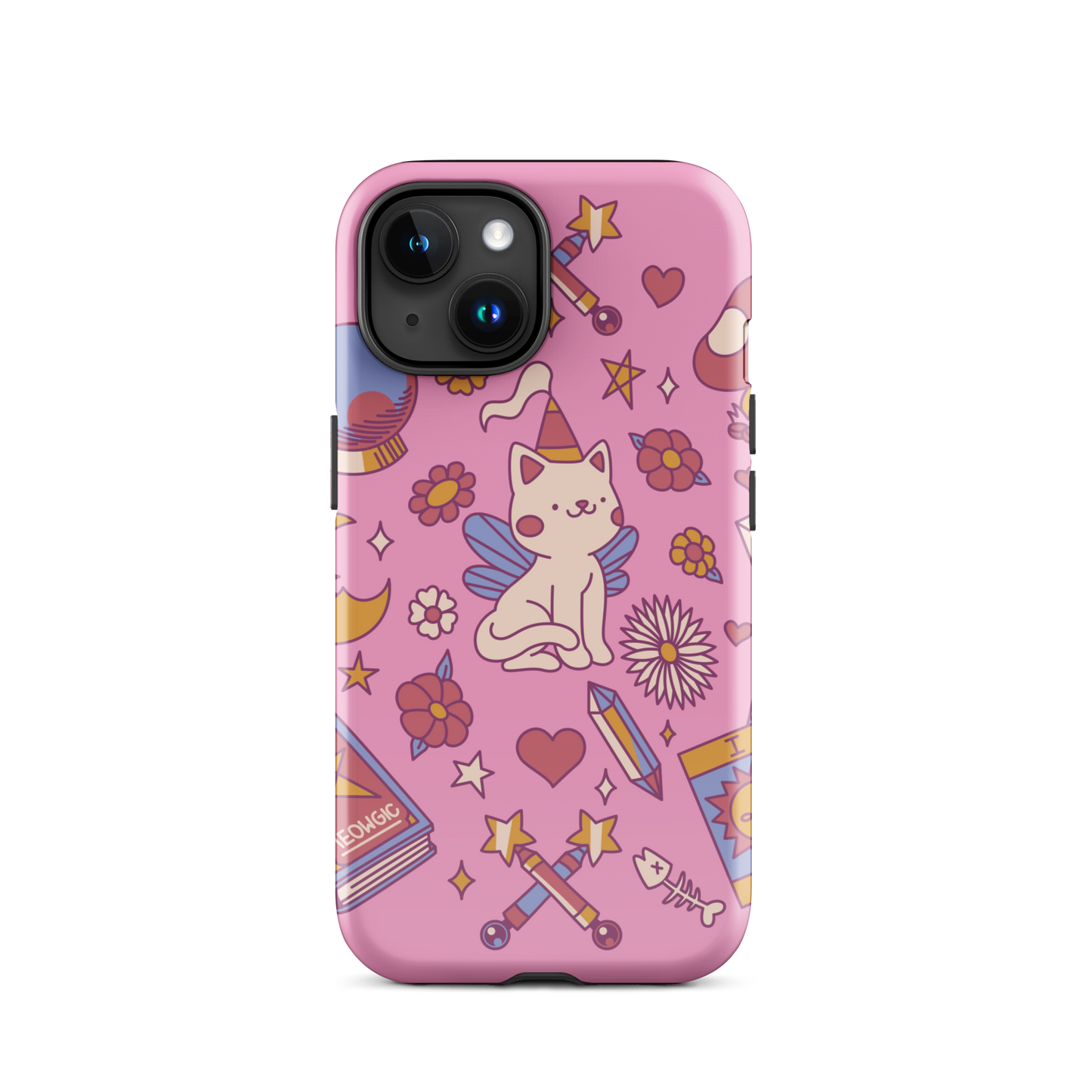 The artwork depicts a magical kitten with wings and a little hat, surrounded by crystals, flowers, tarot cards, mushrooms, and mystical elements in pastel shades. The design blends cute fantasy with colorful witchy aesthetics, creating an enchanting, lighthearted composition full of fun details. Perfect for lovers of cute mysticism, tarot, magical cats, and anyone who enjoys colorful prints with a magical vibe.