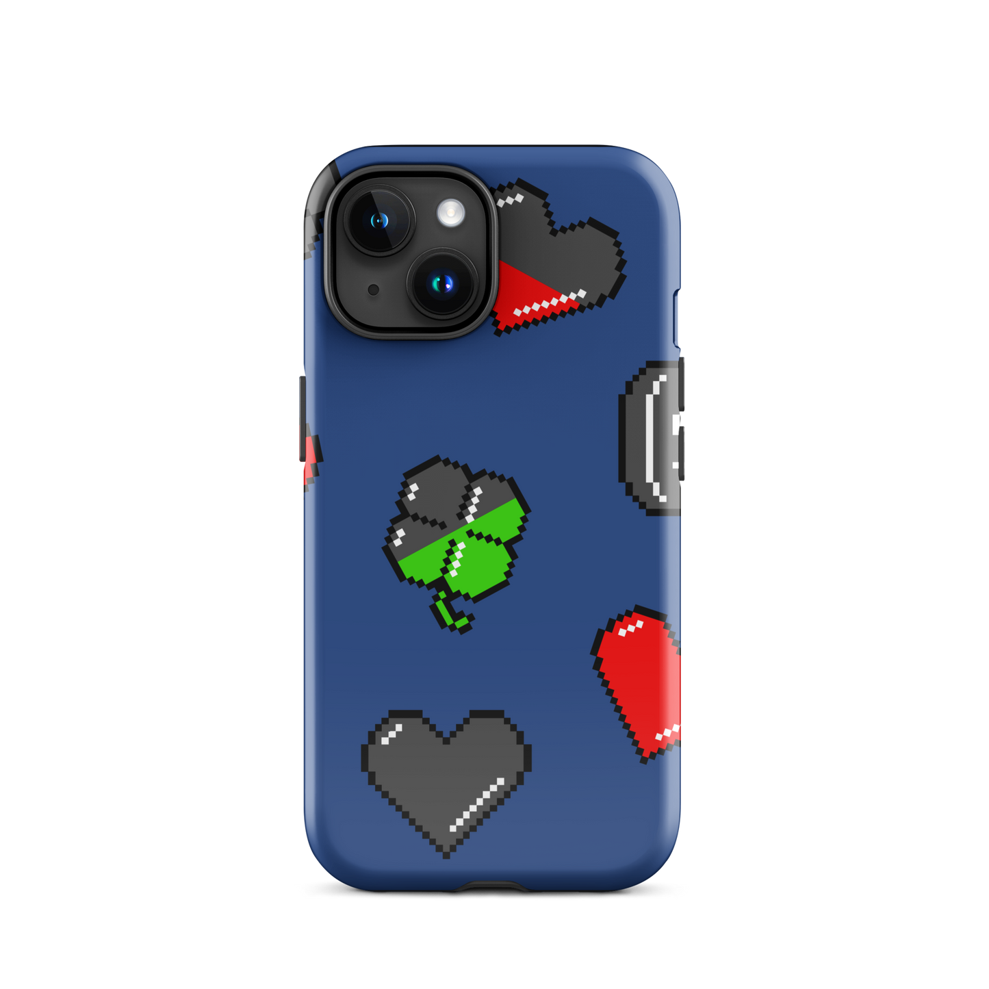 A repeating pattern made of 8-bit video game icons like hearts, four-leaf clovers, and coins. A nostalgic pixel art design inspired by classic games and retro digital culture.