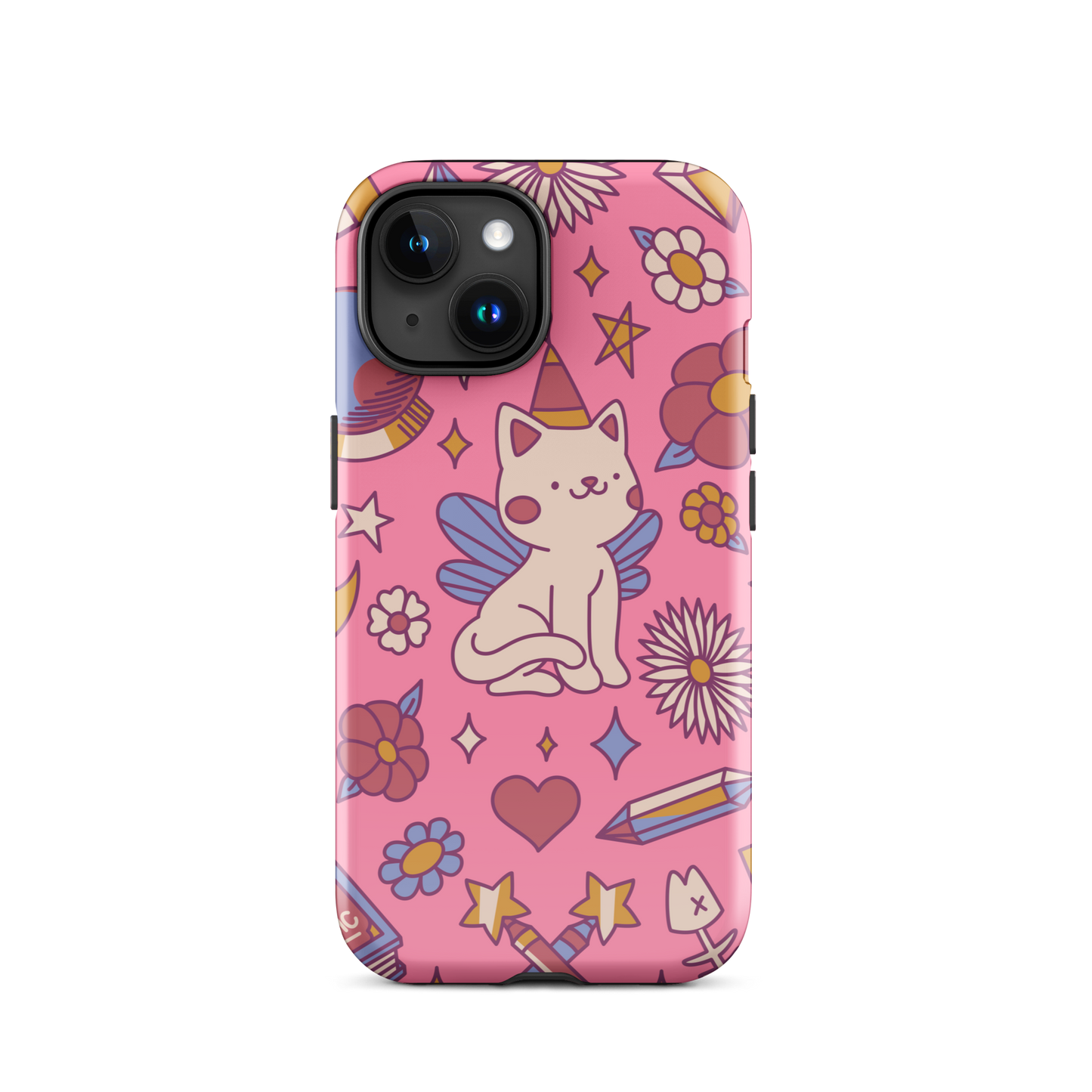 A seamless pattern featuring a magical winged kitten surrounded by crystals, flowers, tarot cards, mushrooms and other mystical elements in soft pastel tones. A playful and whimsical design with a cute, magical vibe.