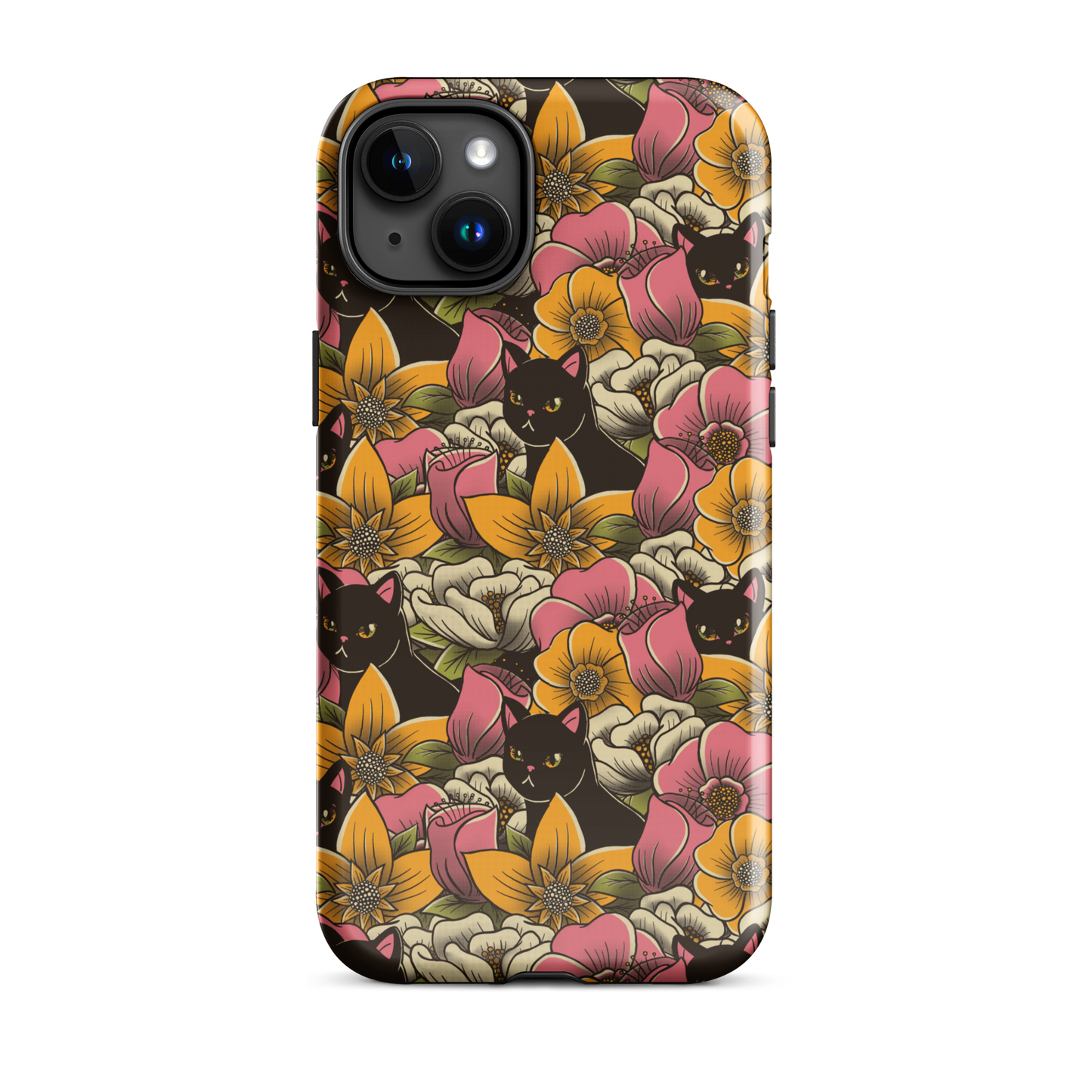 The image features a repeating pattern of colorful flowers in pink, yellow, and cream hues with lush green foliage. Interspersed among the flowers are playful black cats with bright eyes. The design has a whimsical and vibrant feel, ideal for various products like t-shirts, stickers, coffee cups, and skateboards. The style is reminiscent of traditional floral art blended with playful elements of animal decor.