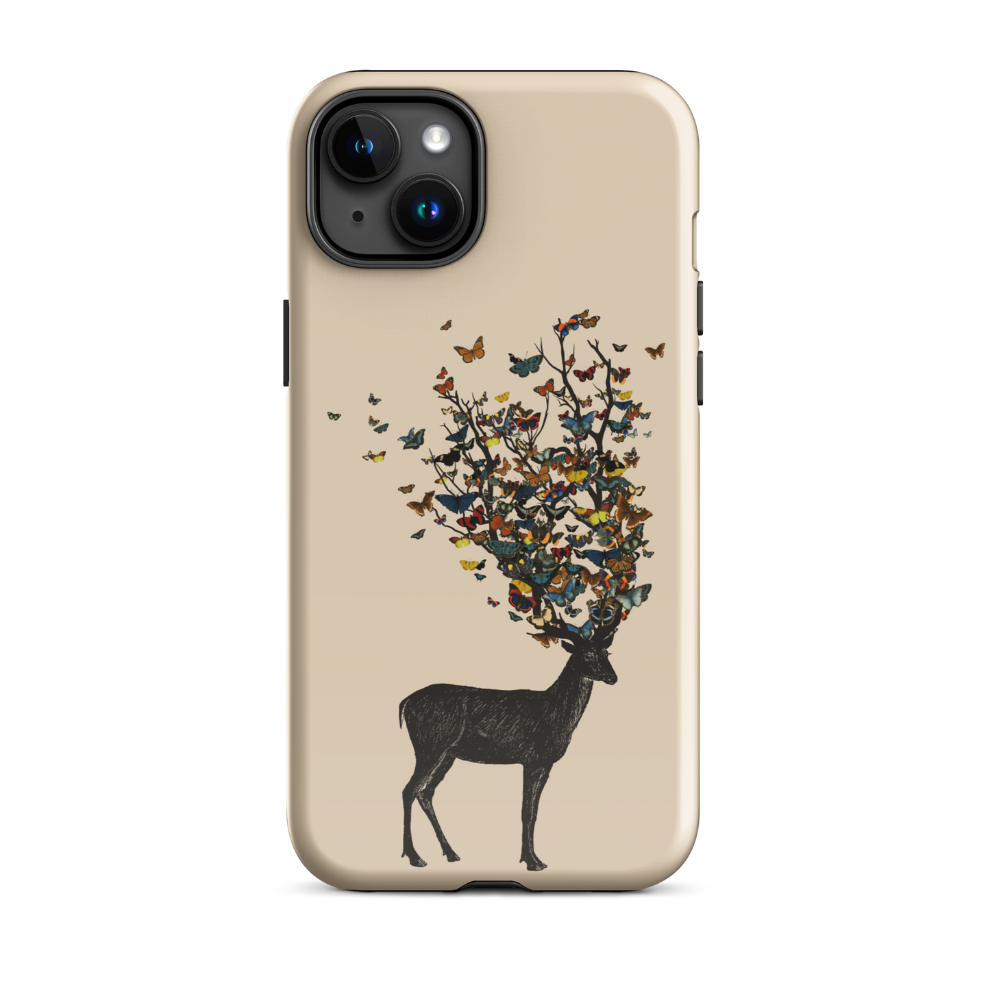 The image depicts a dark, silhouetted deer standing on a neutral background. Instead of branches, its antlers transform into a swirling cloud of vibrant, colorful butterflies that extend upwards and outward. The mix of organic and ethereal elements creates a captivating and whimsical visual contrast.