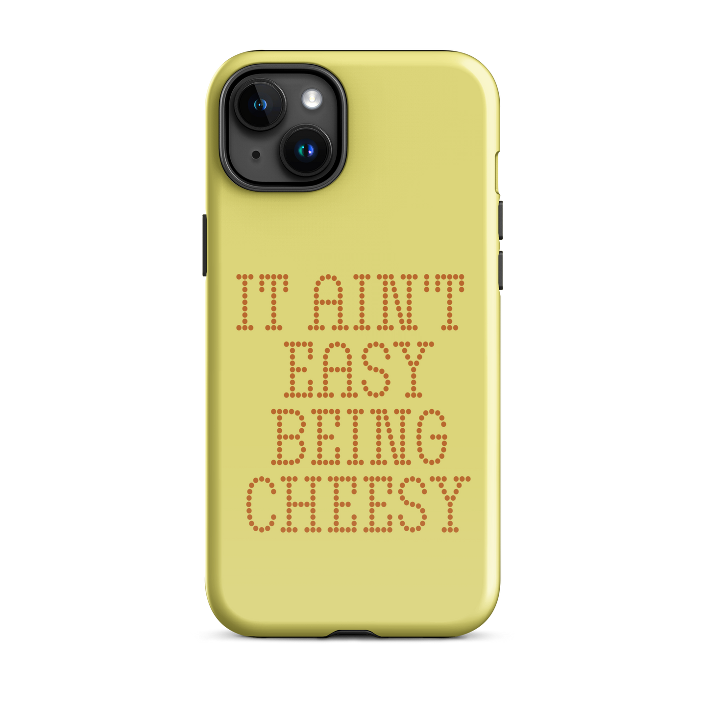 Bold dotted typography spells out ‘It Ain’t Easy Being Cheesy’ in a playful retro style on a yellow background. This funny design mixes wordplay with foodie humor, perfect for pun lovers, cheese fans, retro humor enthusiasts, and anyone who embraces the cringe with pride. A great quirky gift for cheese lovers and humor fans alike.