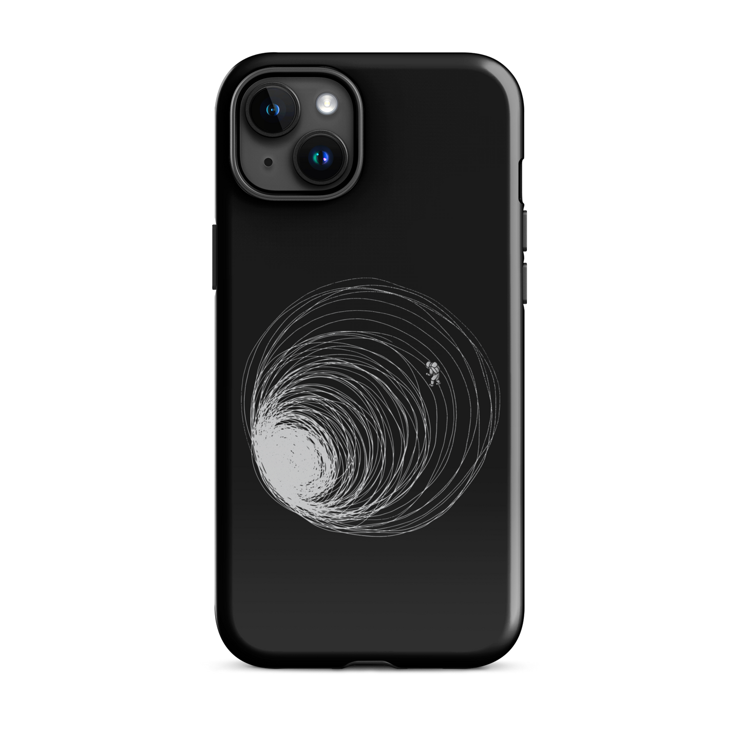 A big black hole with an astronaut floating around as if being sucked into it. A minimalist art perfect for those who love space.