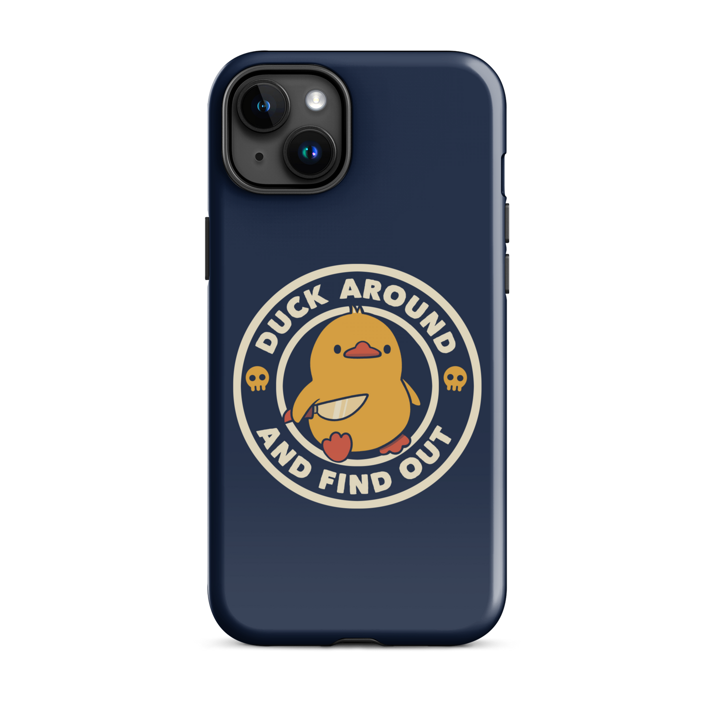 A cute yellow duck holding a small knife, around it the text "Duck Around And Find Out". An art that mixes humor with the temperament of ducks.