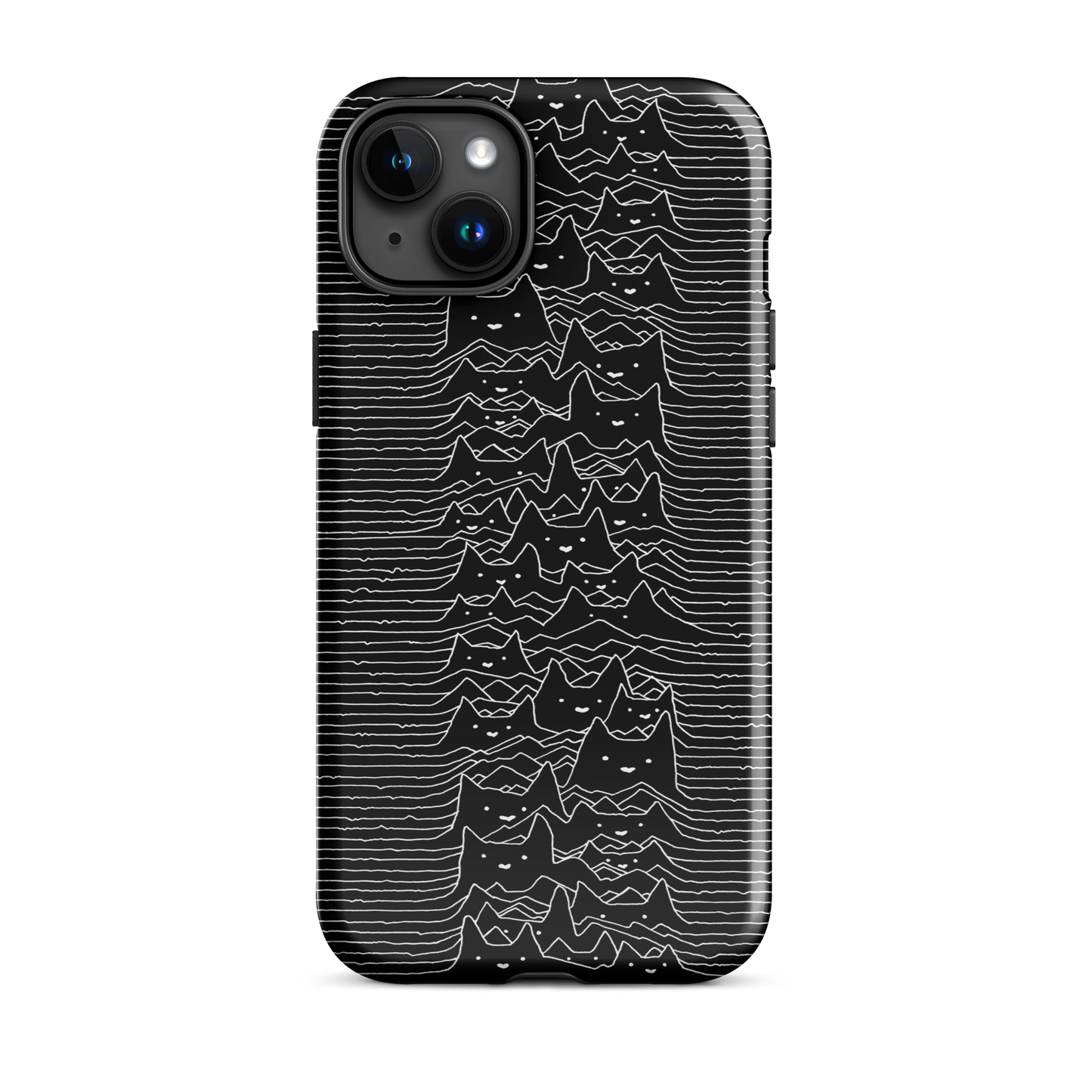 The drawing is a series of continuous wavy lines forming a pattern reminiscent of sound waves or topographic maps, but with an unexpected twist: the lines create the shapes of numerous cat faces stacked vertically. Each cat has simple, expressive features with pointed ears, adding a whimsical element to the otherwise structured pattern.