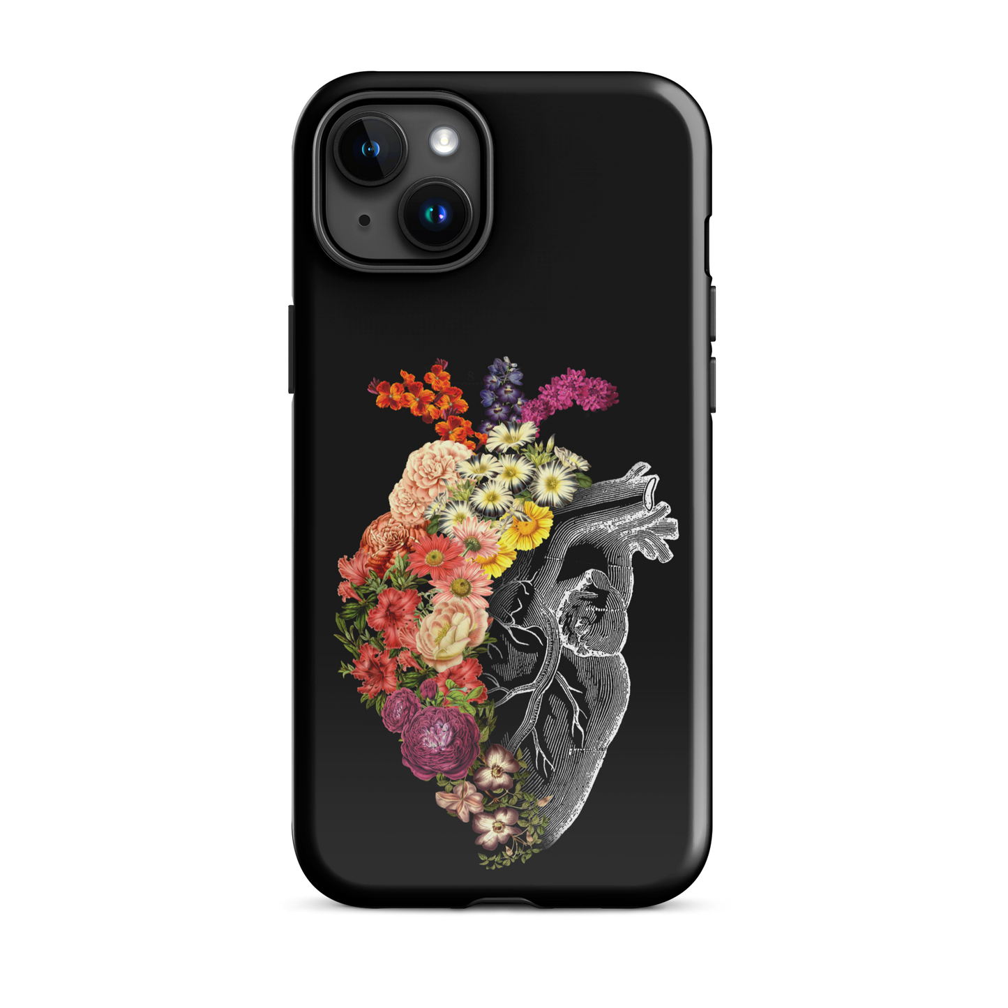 The design is an intricate and anatomical drawing of a human heart on a black background. The left side of the heart morphs into a vibrant assortment of colorful flowers, including roses, daisies, and other blooming blossoms, creating a striking contrast between the realistic and the surreal, symbolizing the harmony between nature and humanity.