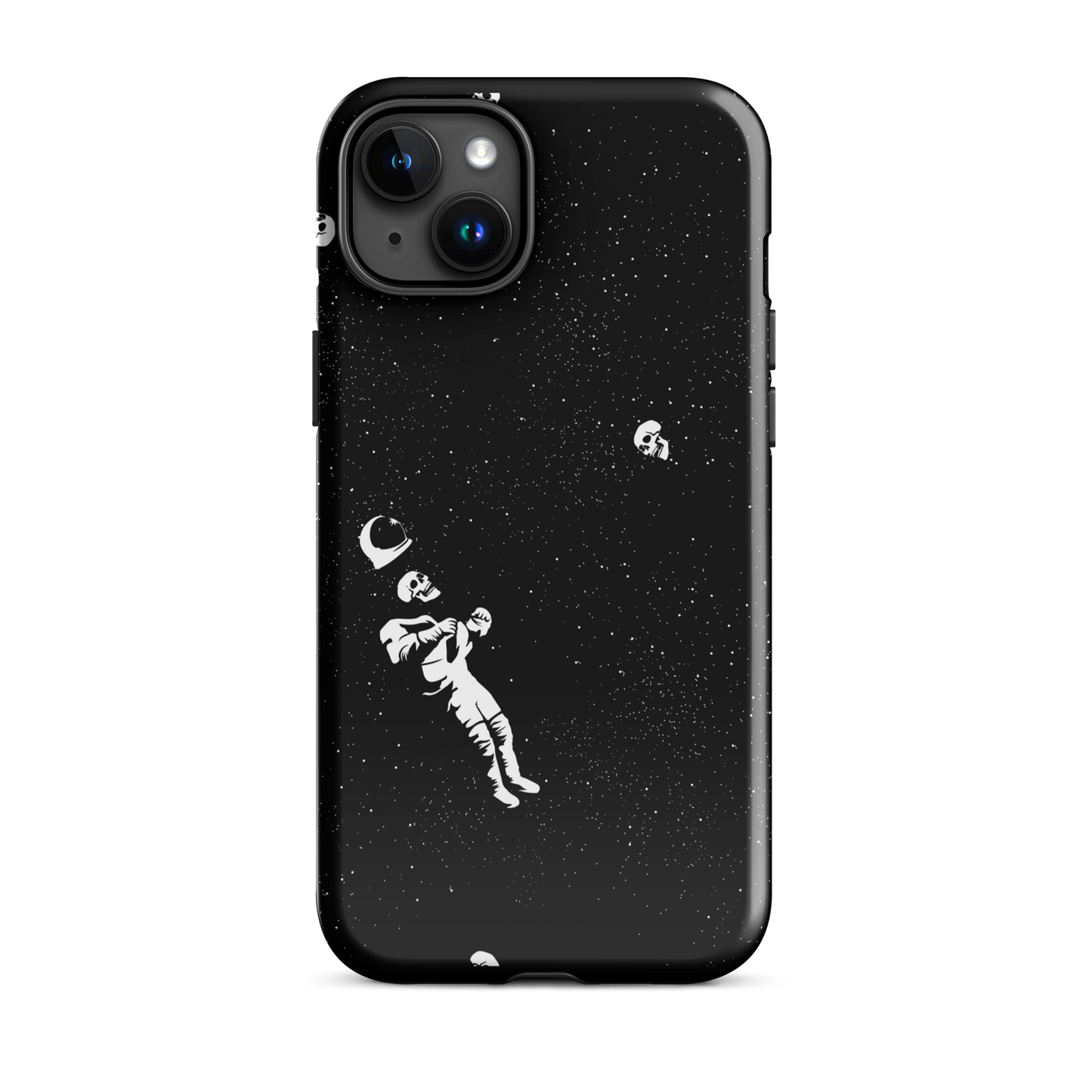 This image features a white astronaut figures floating in a dark, starry space background. The astronaut is surrounded by small celestial bodies and crescent moons, giving a sense of drifting through the cosmos. The design is intricate and has a whimsical, dreamy quality, with a vintage-inspired look, evoking a sense of exploration and wonder.