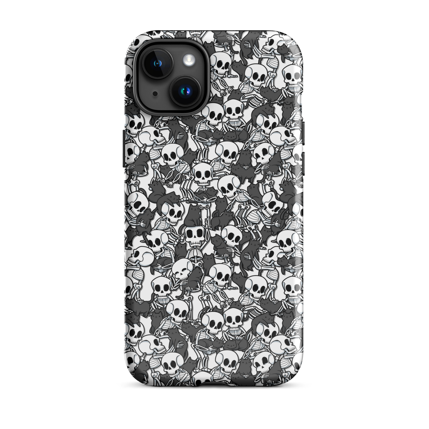 This artwork shows a playful pattern of cartoon skeletons cuddling and interacting with adorable black cats. It blends spooky charm with cozy, humorous vibes, creating a perfect aesthetic between macabre and cute. Ideal for fans of Halloween, gothic aesthetics, or anyone who loves fun prints with personality.