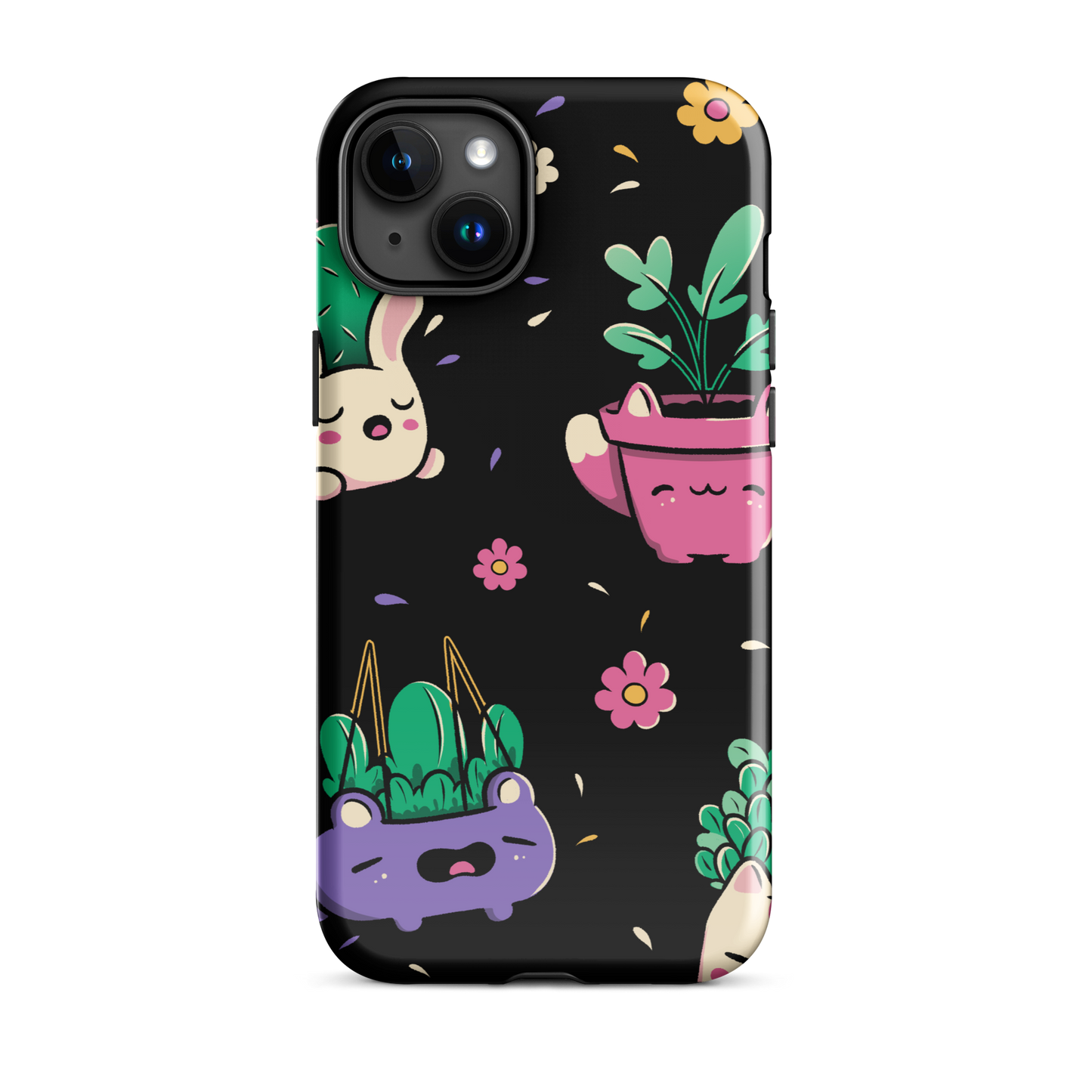 An endearing pattern featuring petite potted plants creatively shaped like adorable animals, arranged in a charming repeating composition. This enchanting design is perfect for plant enthusiasts who adore greenery and love surrounding themselves with whimsical, nature-inspired details.