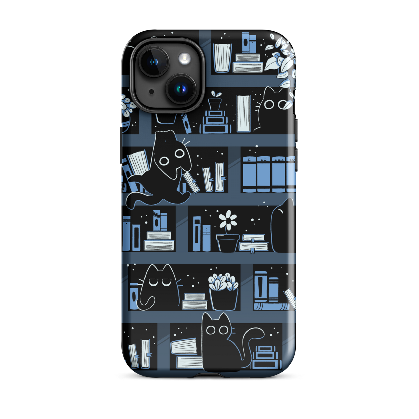 A pattern designed to resemble one large bookshelf filled with books, plants and playful little black kittens tucked between the shelves. An artwork in shades of black and blue, perfect for those who love cats, books and plants.
