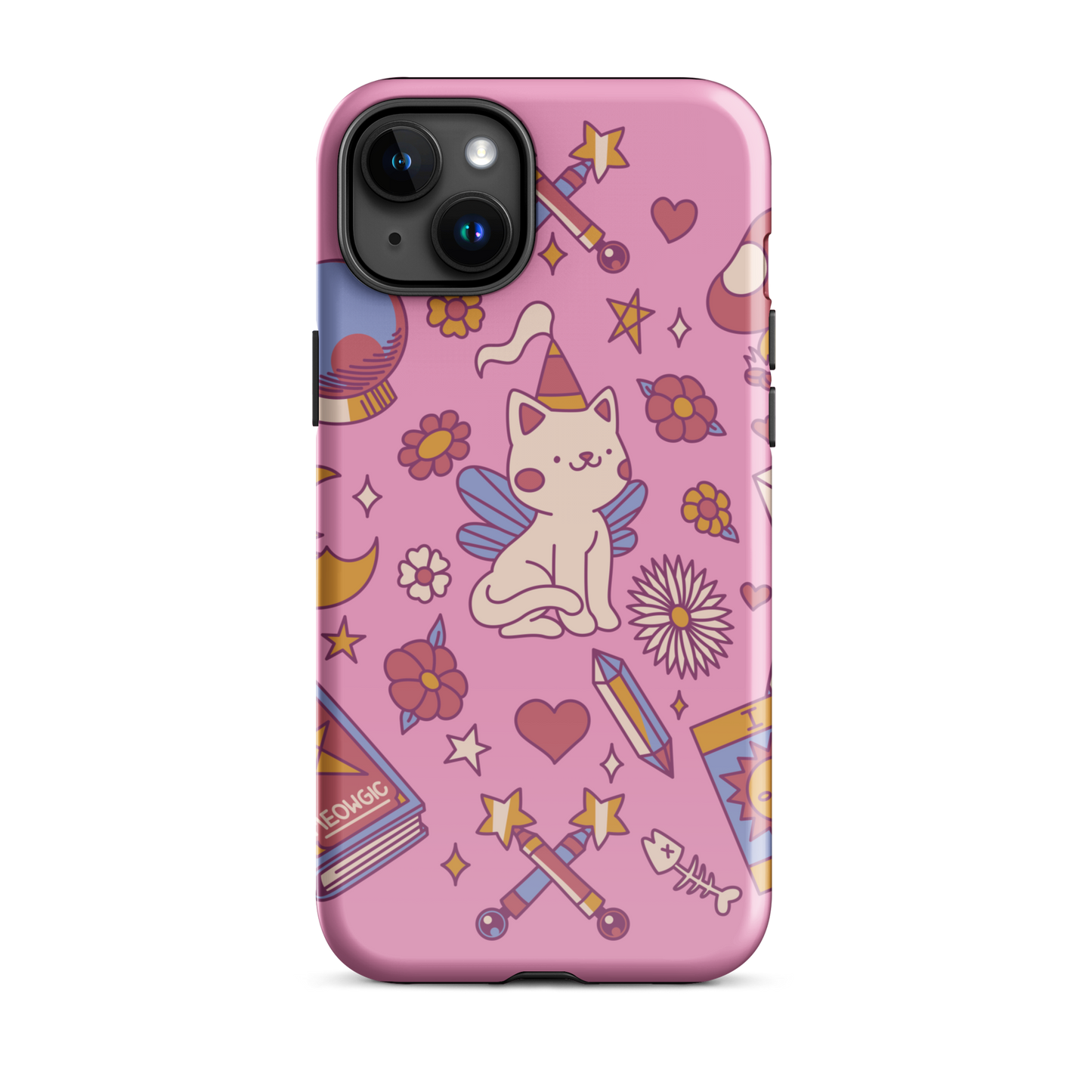 The artwork depicts a magical kitten with wings and a little hat, surrounded by crystals, flowers, tarot cards, mushrooms, and mystical elements in pastel shades. The design blends cute fantasy with colorful witchy aesthetics, creating an enchanting, lighthearted composition full of fun details. Perfect for lovers of cute mysticism, tarot, magical cats, and anyone who enjoys colorful prints with a magical vibe.
