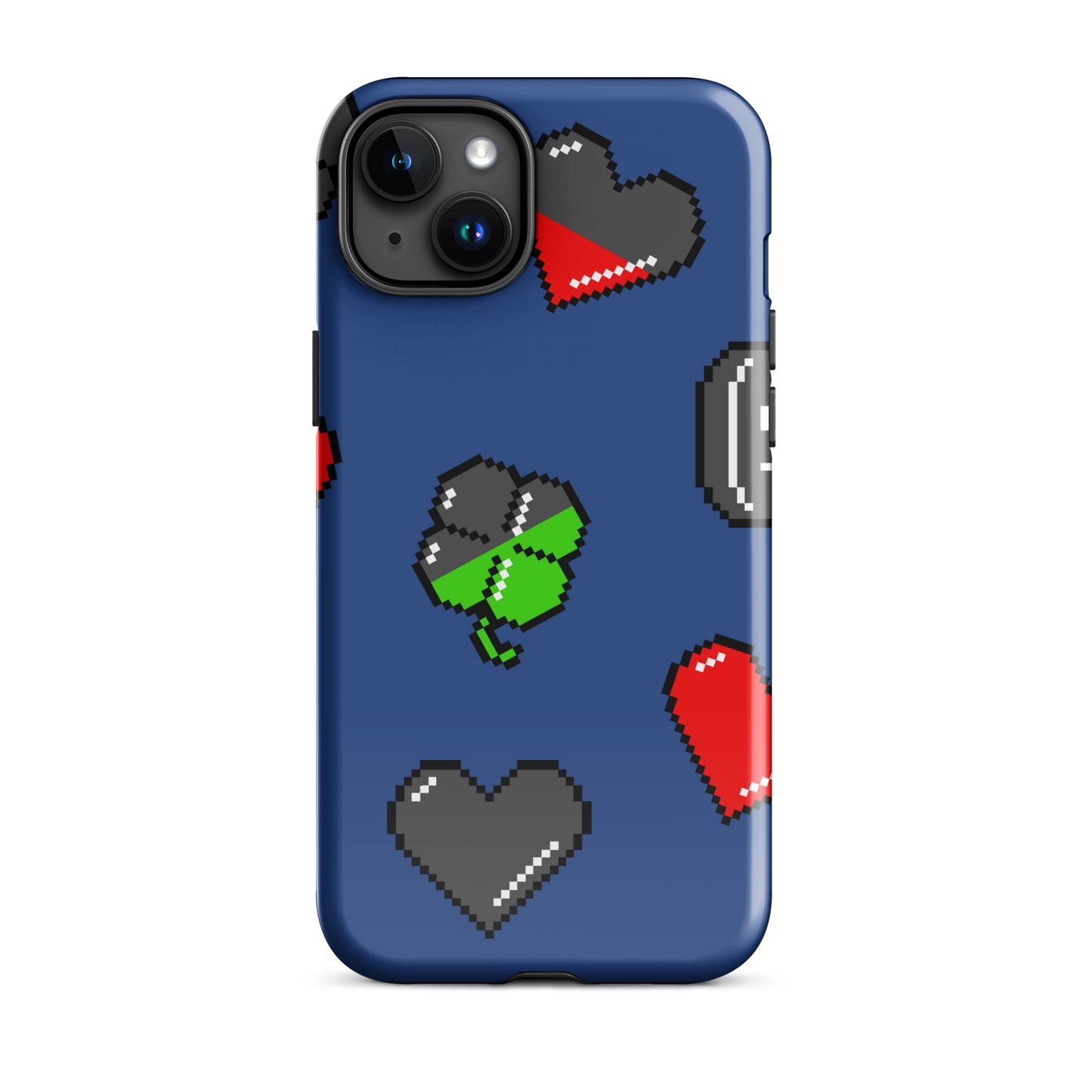 A repeating pattern made of 8-bit video game icons like hearts, four-leaf clovers, and coins. A nostalgic pixel art design inspired by classic games and retro digital culture.