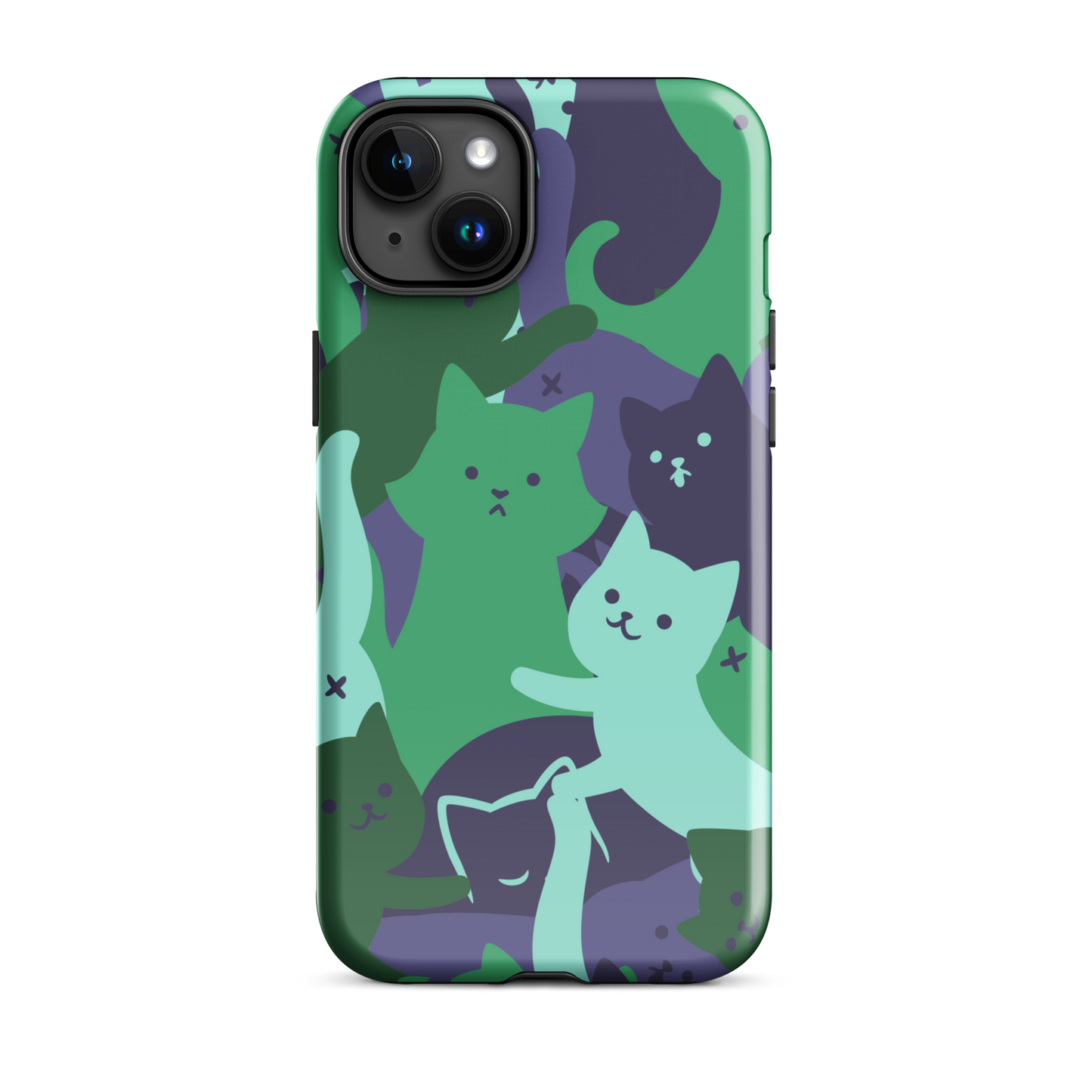 A playful pattern featuring multiple kittens in shades of green and blue, arranged to create a soft camouflage effect. This design blends cute cats with a modern pattern aesthetic, perfect for fans of fun, stylish, and whimsical art.
