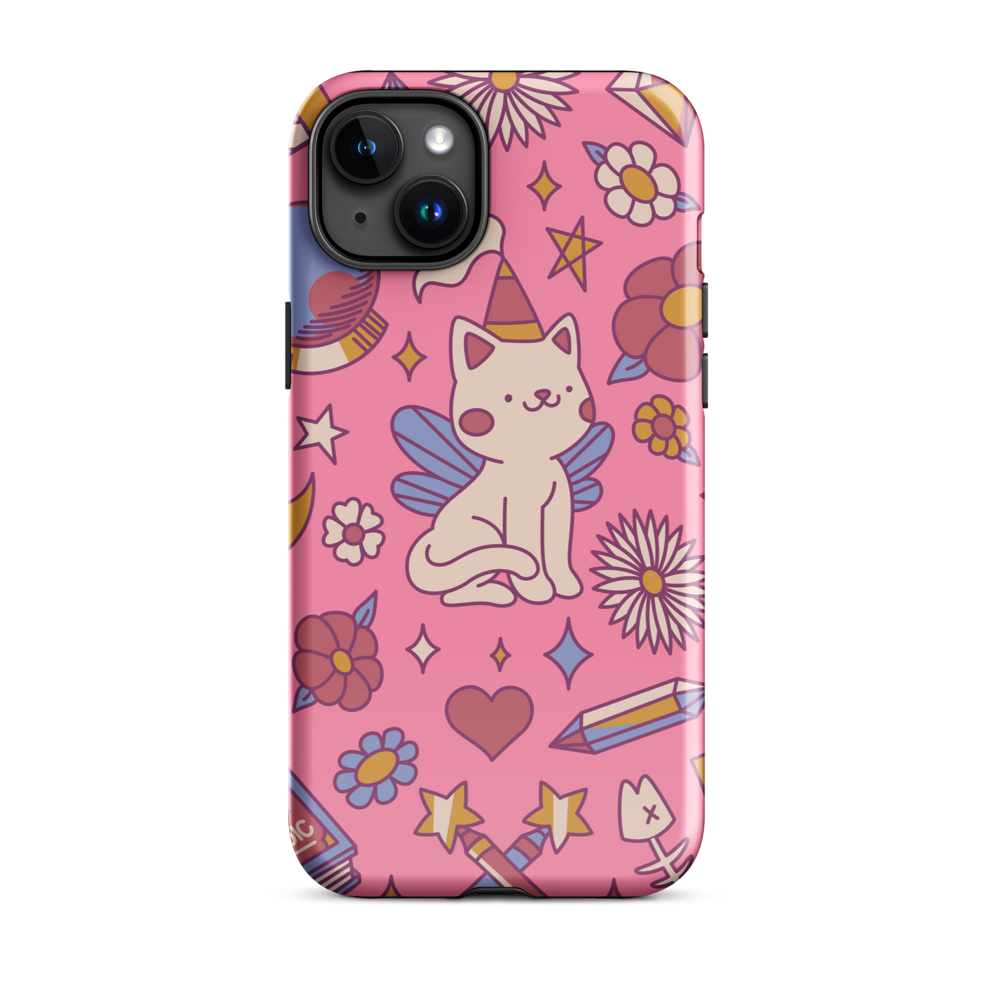 A seamless pattern featuring a magical winged kitten surrounded by crystals, flowers, tarot cards, mushrooms and other mystical elements in soft pastel tones. A playful and whimsical design with a cute, magical vibe.