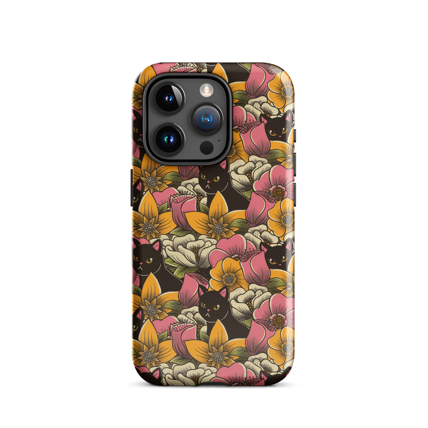 The image features a repeating pattern of colorful flowers in pink, yellow, and cream hues with lush green foliage. Interspersed among the flowers are playful black cats with bright eyes. The design has a whimsical and vibrant feel, ideal for various products like t-shirts, stickers, coffee cups, and skateboards. The style is reminiscent of traditional floral art blended with playful elements of animal decor.
